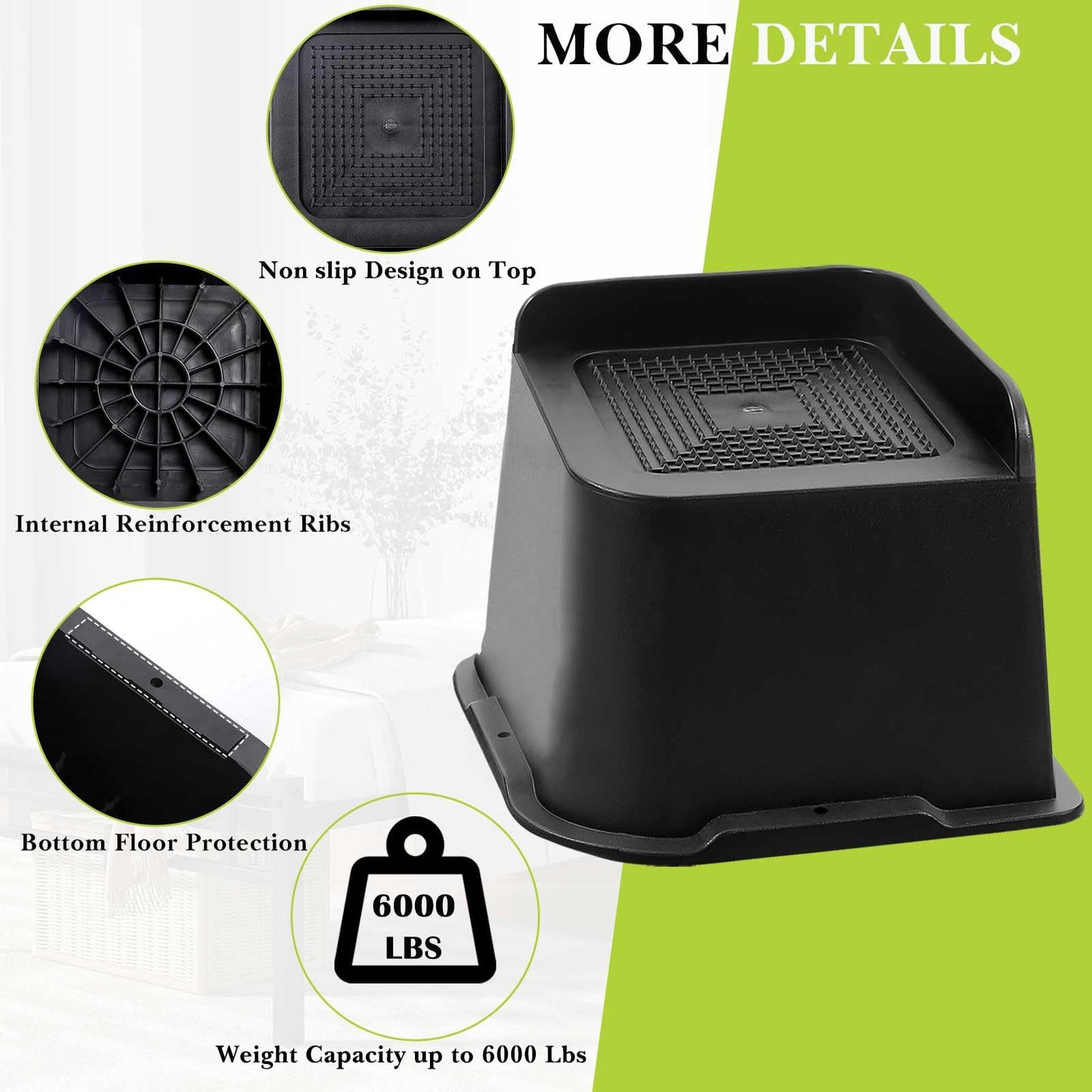 Yookwutar Bed Risers 2 inch, 3 inch, 4 inch, 6 inch, 8 inch Heavy Duty, Oversized Furniture Riser for Couch Sofa Table Chair Leg Frame Dorm, Support up to 6000 Lbs (Black 4 Pack, 4 inch)
