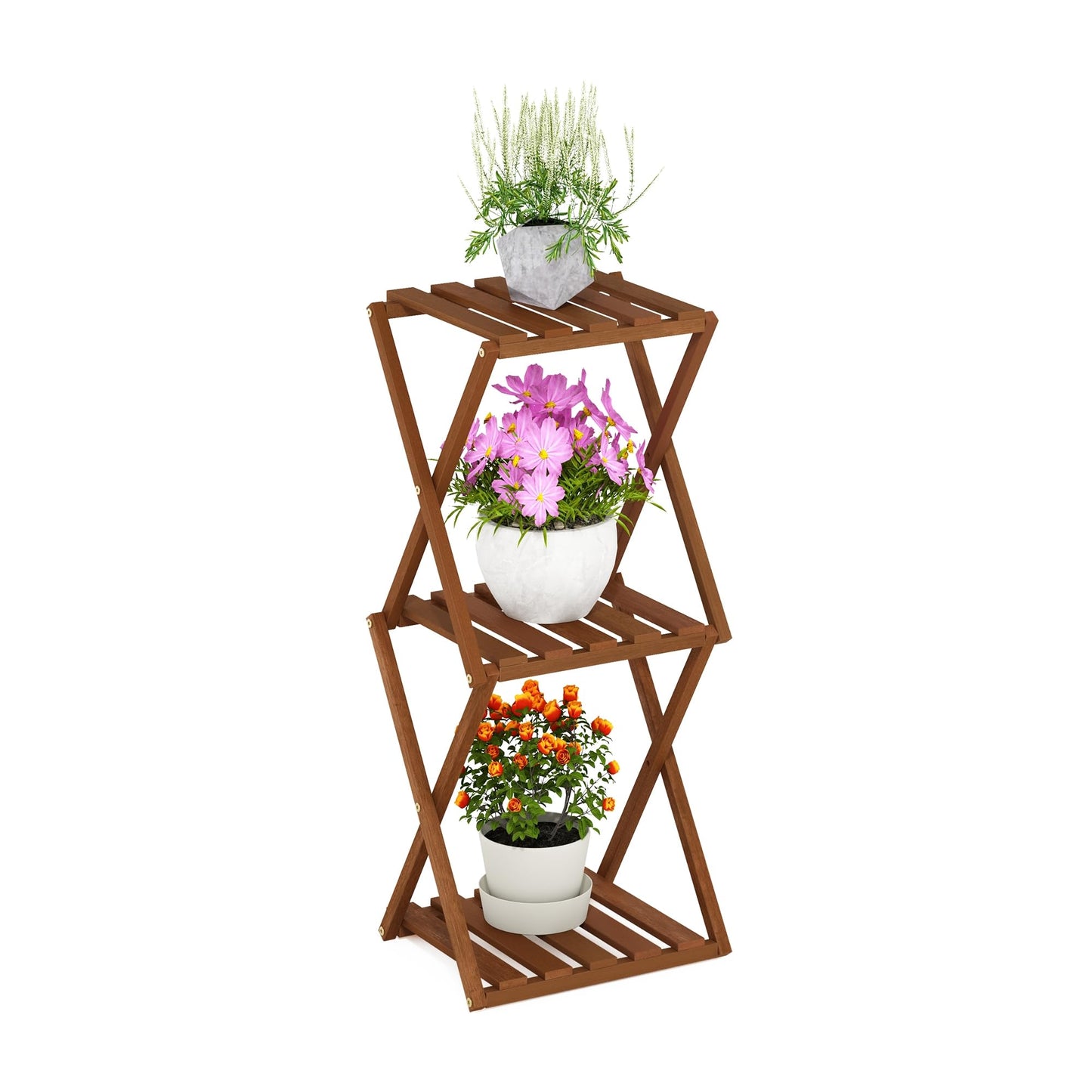 Furinno TIOMAN Patio Table, 3-Tier Outdoor Side Table, Toolless Multipurpose Folding Display Shelf, Plant Stand, for Patio, Garden, Porch, Light Wood