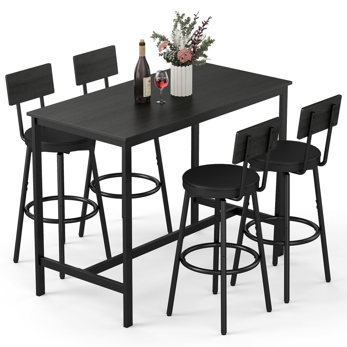 Zevemomo 5-Piece Dining Table Set, Bar Table Set for 4, Kitchen Table and Chairs, Counter Height High Top Table with 4 PU Upholstered Stools, Space-Saving Pub Table Sets for Small Space, Black