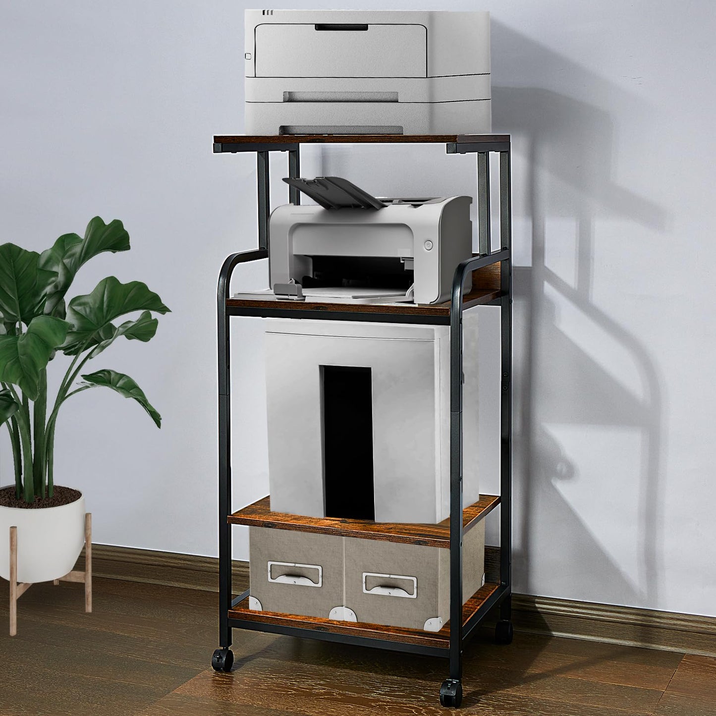 jarrvz 4-Tier Printer Stand with Adjustable Shelves and Wheels, Tall Printer Table with Storage for Home Office, Rolling Printer Cart for Small Spaces, Rustic Brown