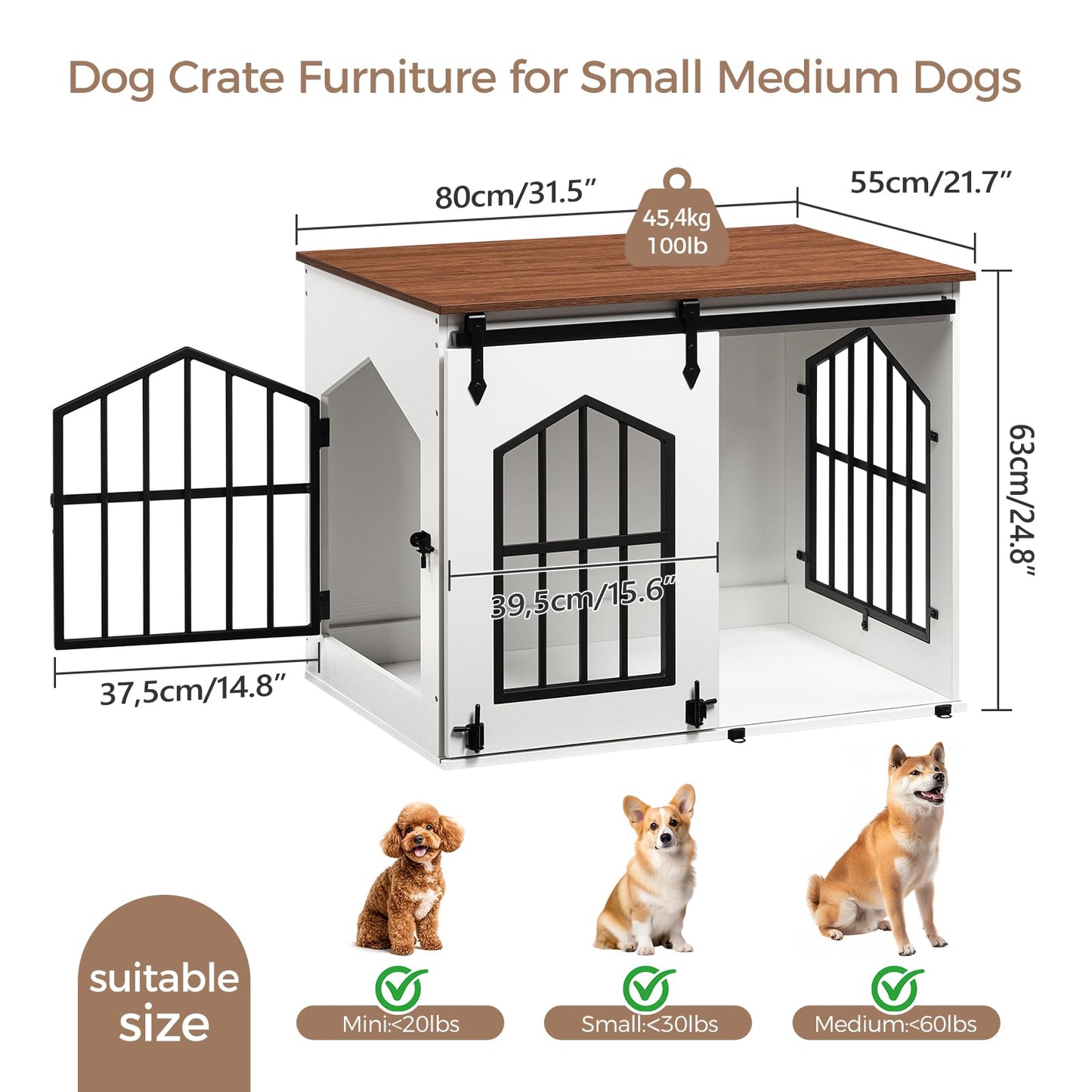 MAHANCRIS Dog Crate Furniture, 31.5" Farmhouse Dog Kennel with Sliding Barn Door, Wooden Dog Cage for Small Medium Dogs, Decorative Pet House Side End Table, Chew-Resistant, White and Walnut DCBA9601