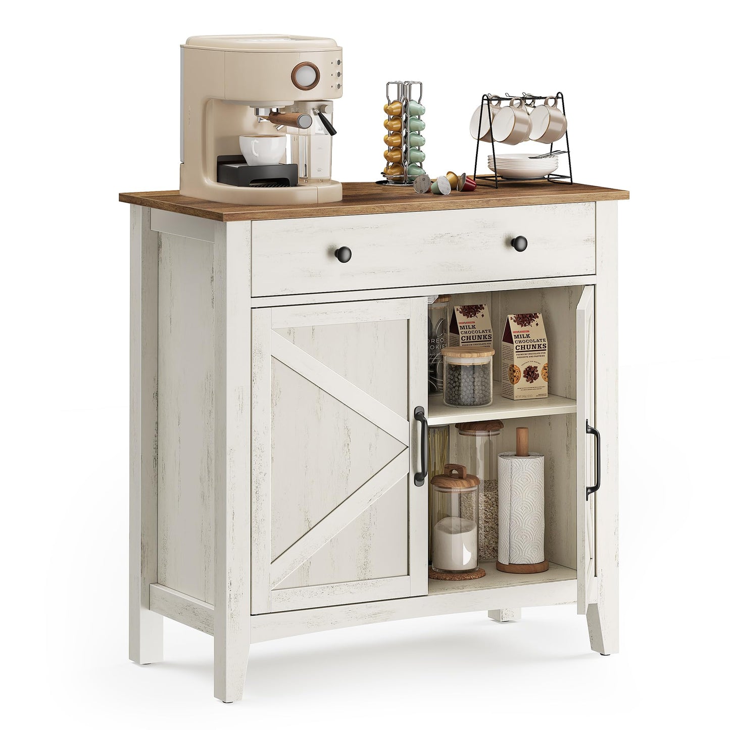 VASAGLE LIRY Collection - Buffet Cabinet, Coffee Bar Cabinet with a Drawer, Adjustable Shelf, Sideboard Storage with Cable Hole, Drawer Divider, Rustic White and Honey Brown UBBK341W01