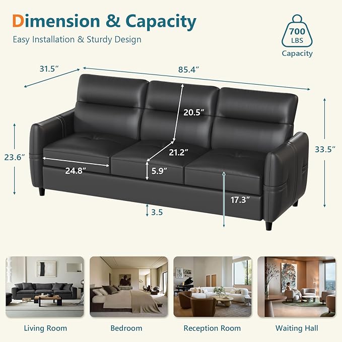 STHOUYN 85” Black Faux Leather Couch