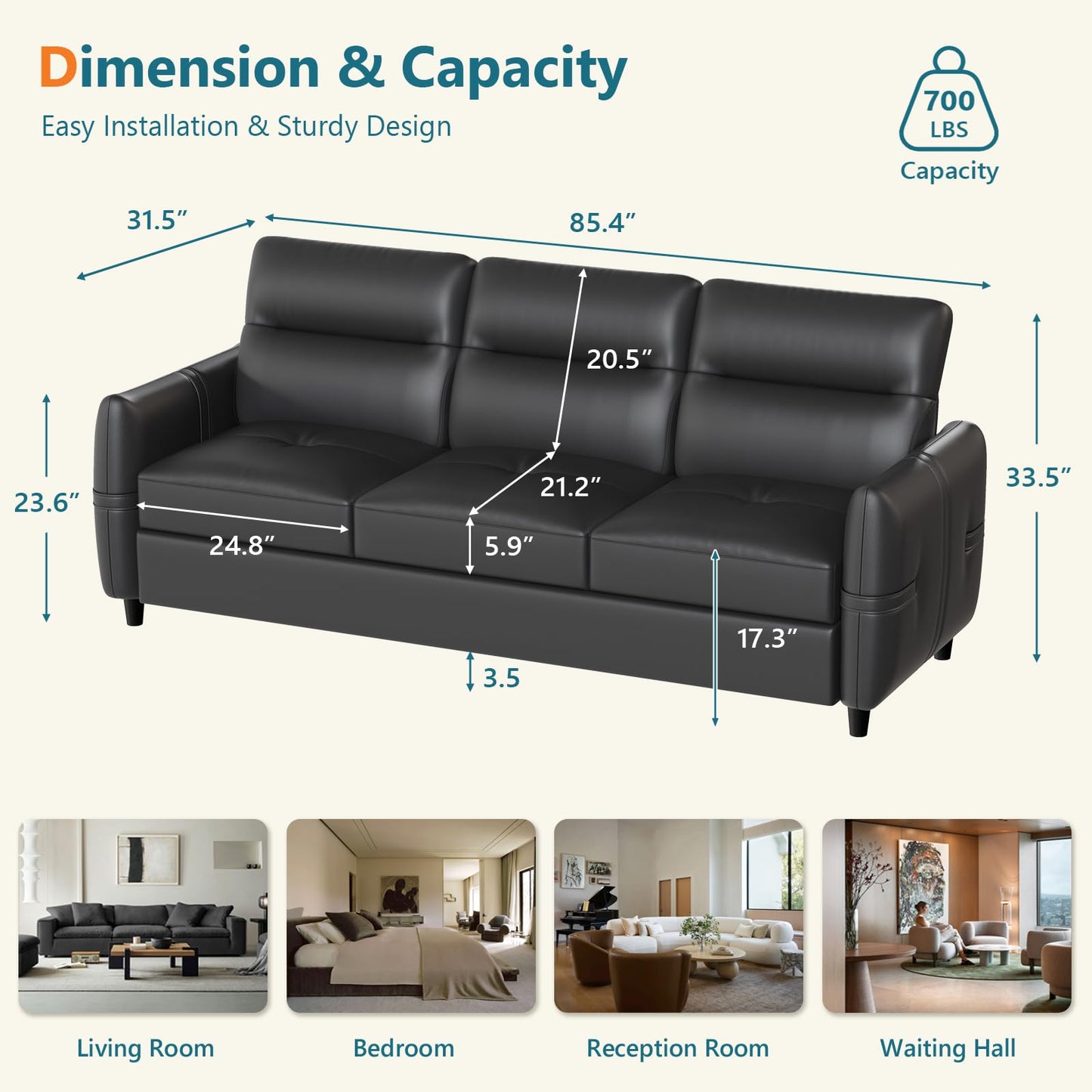 STHOUYN 85” Black Faux Leather Couch with USB, 3 Seater Sofa Couches for Living Room, Large Mid Century Modern Office Apartment Couch (Black)