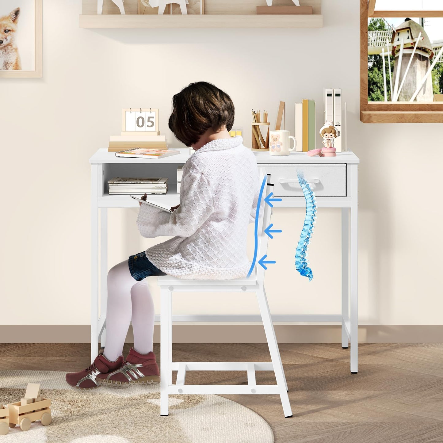 MAHANCRIS Kids Desk and Chair Set, Student Writing Desk, Kids Study Desk with Book Sorter and Fabric Drawer, Kids Wooden Study Table, for Study, Kids Room, Bedroom, White KDBW11901N1