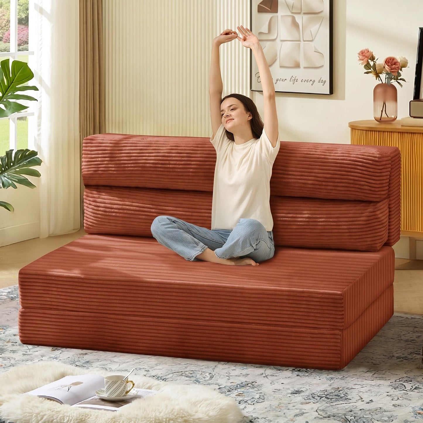 JUIKURY Folding Sofa Bed, Convertible Sleeper Chair with Pilow Foldable Matress, 2 in 1 Pull Out Loveseat Sofa Portable Fold Out Chair Bed Floor Couch Lounge for Living Room (Sand Red, Full)