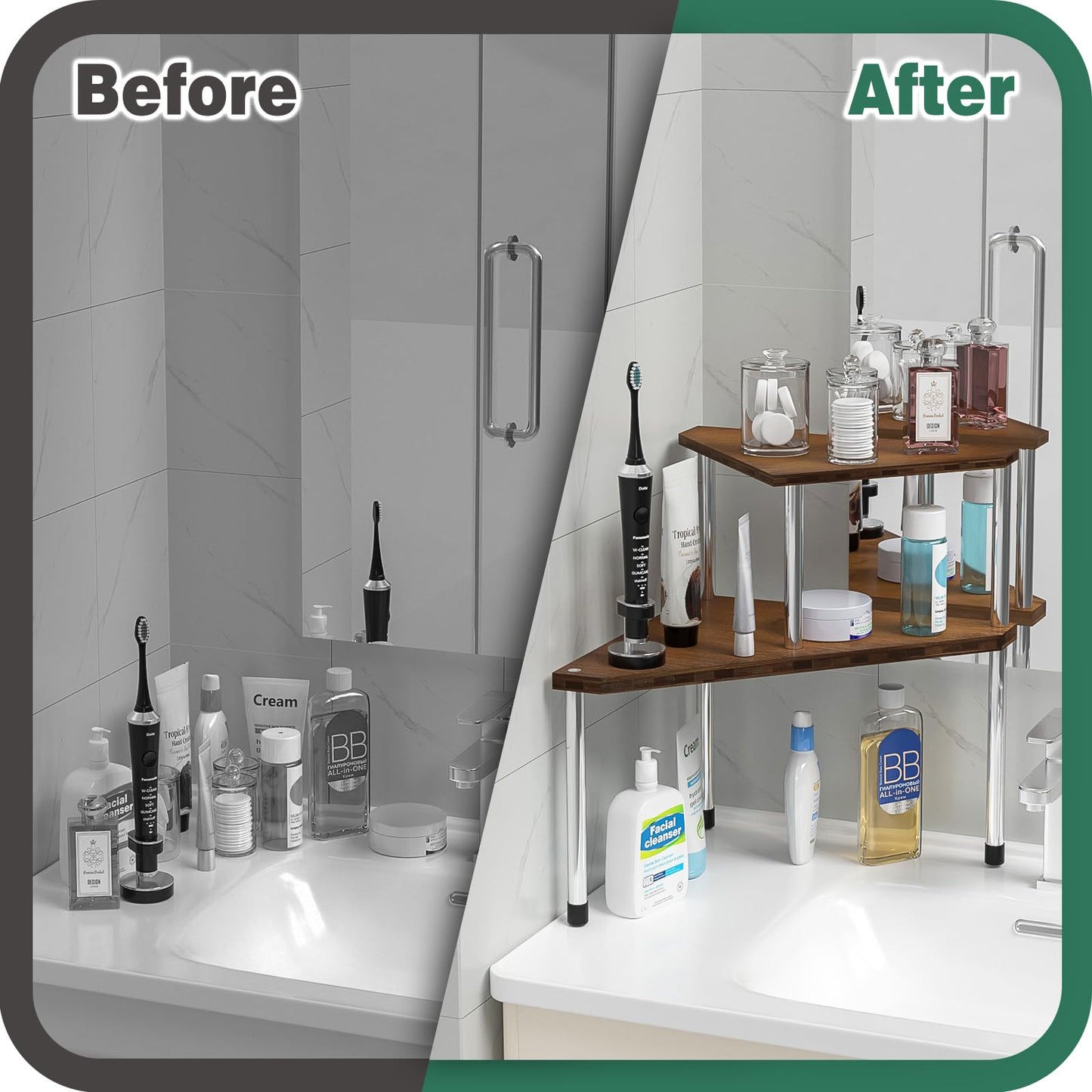 Weenson Bathroom Organizer Countertop, Bathroom Sink Organizer for Toiletries, Makeup, Skincare, Bamboo 2-Tier Kitchen Countertop Organizer for Spice Salt (Brwon)