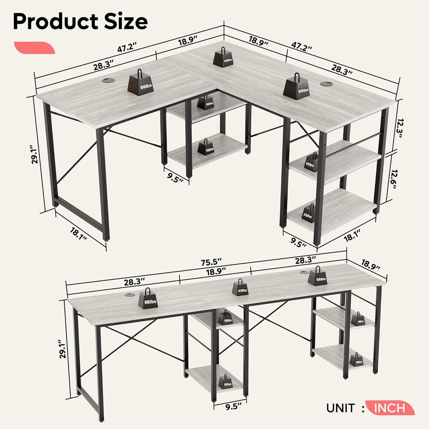 Bestier L Shaped Desk with Shelves 75 Inch Reversible Corner Computer Desk or 2 Person Long Table, Writing Study Desk for Home Office Small Space Bedroom Apartment, Wash White