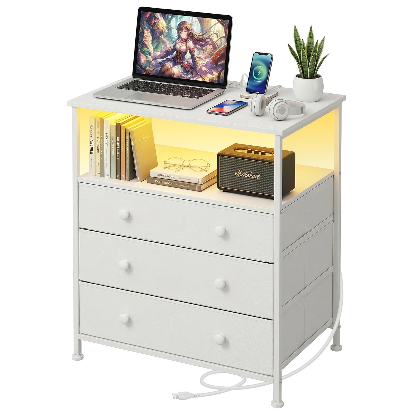 PATAVOT 3 Drawers Dresser with Charging Station, 24 Inch Wide LED Night Stand with Adjustable Fabric Drawer, Nightstand with Storage Shelf for Living Room/Bedroom/Office, White.