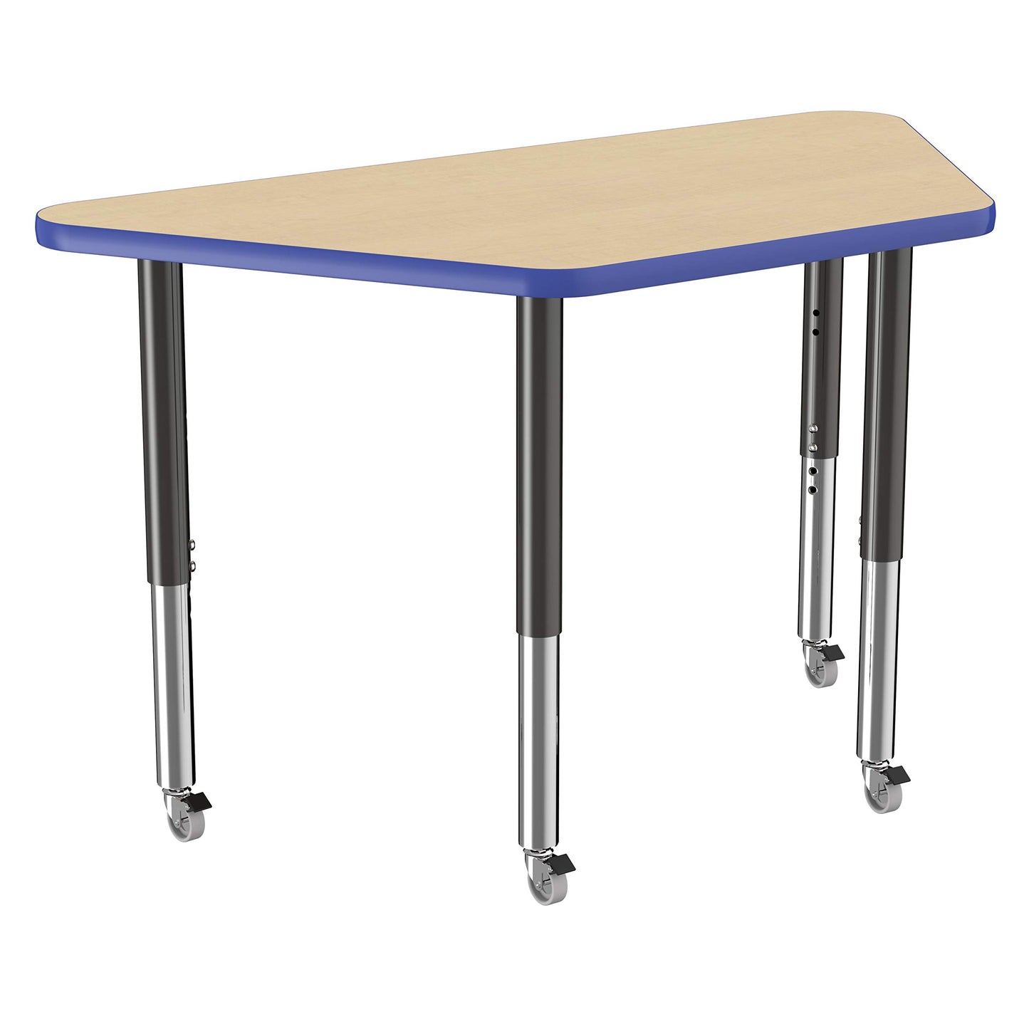 FDP Mobile Trapezoid Activity School and Office Table (24 x 48 inch), Super Legs with Glides and Casters for Collaborative Environments, Adjustable Height 19-30 inches - Maple Top and Blue Edge