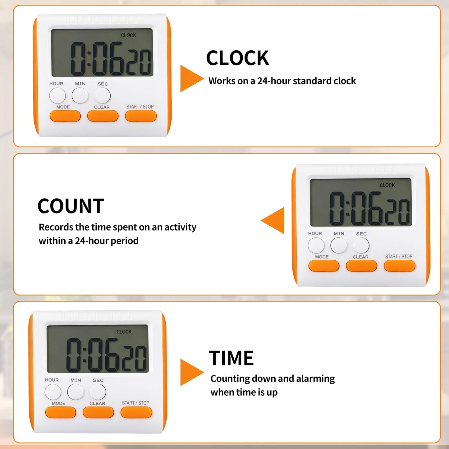 Mudder 3 Pack Digital Kitchen Timer for Cooking, Large Digits, 24 Hour Magnetic Backing Stand Kitchen Timers Clock for Classroom Kids Teachers, Loud Alarm and Large Screen (Orange)