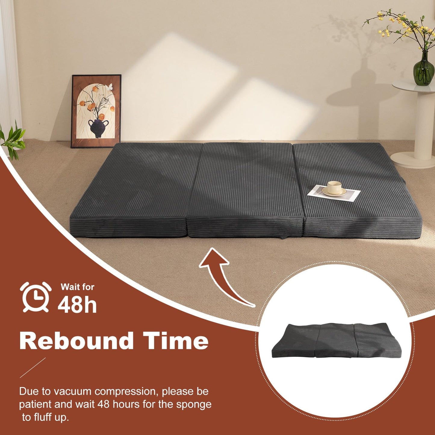 6-Inch Tri-Fold Foldable Mattress, Folding Sofa Bed with Removable Washable Cover, Portable Futon Mattress Full Size Floor Guest Mat with Non-Slip Bottom & Carry Handles for Camping (Grey, Queen)