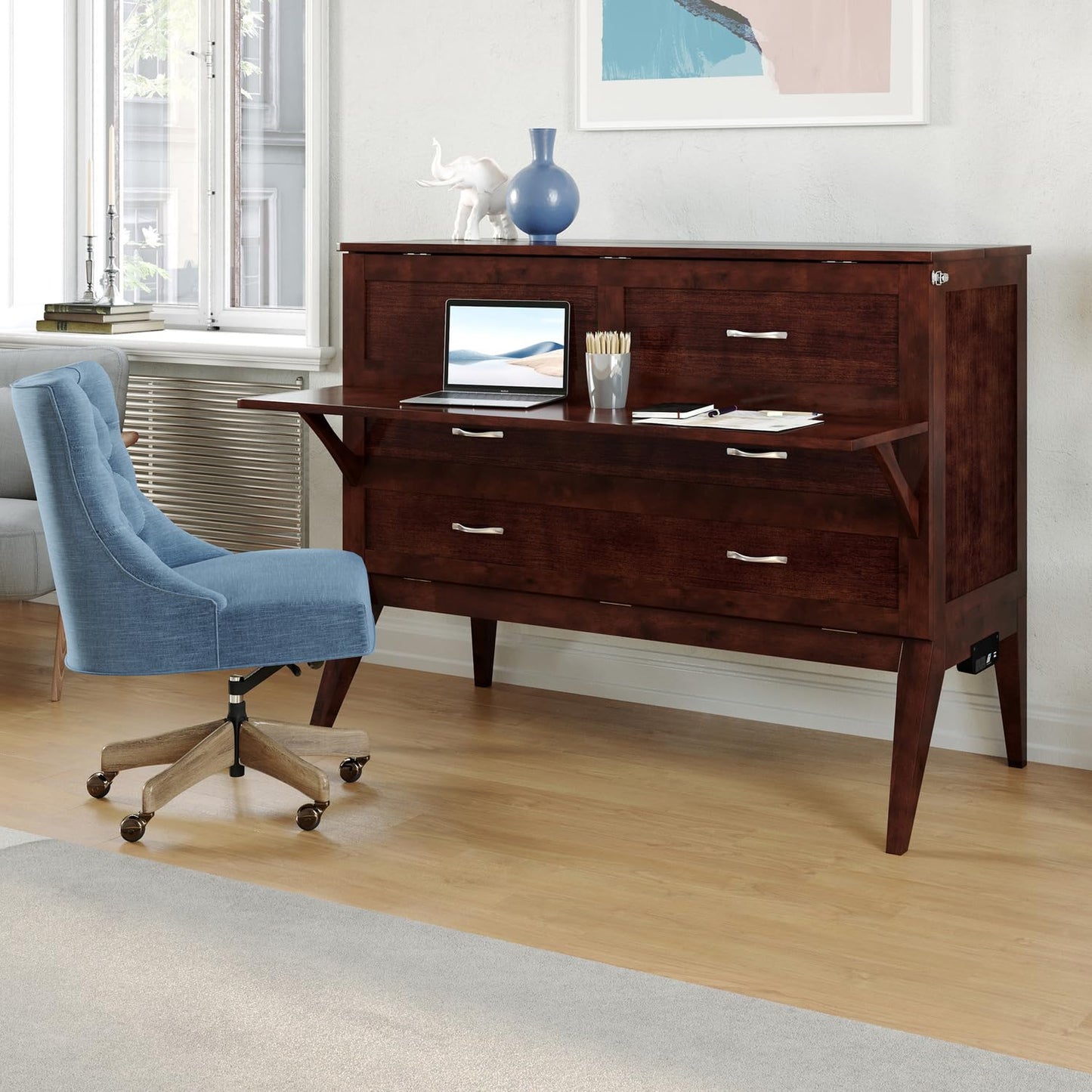 HomeStock Full Murphy Bed Desk with 6" Mattress & Built in Charger in Walnut