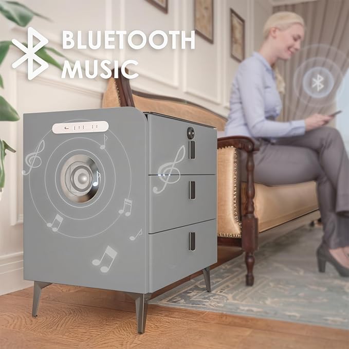 Smart Nightstand with Wireless Charging, with Fingerprint Lock Drawer, Night