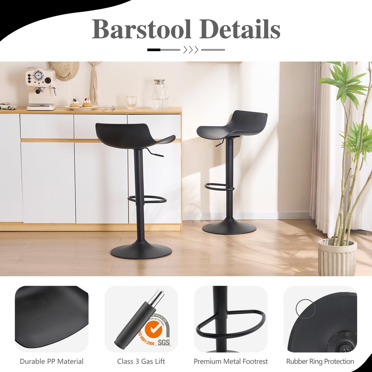 YOUNIKE Black Adjustable Height Bar Stools Set of 2 Plastic Swivel Barstool with Low Back Modern Kitchen Counter Island Bar Chairs for Breakfast Nook Cafe Bars Office