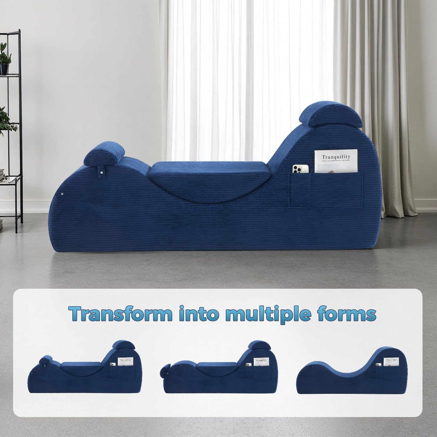 Yoga Chairs for Adults, Ergonomic Chaise Lounge Chair Indoor with Side Pocket, Lumbar Pillow, Ottoman, Yoga Chair Perfect for Stretching, Relaxation, Exercise, Used in Bedroom, Living Room（Blue）
