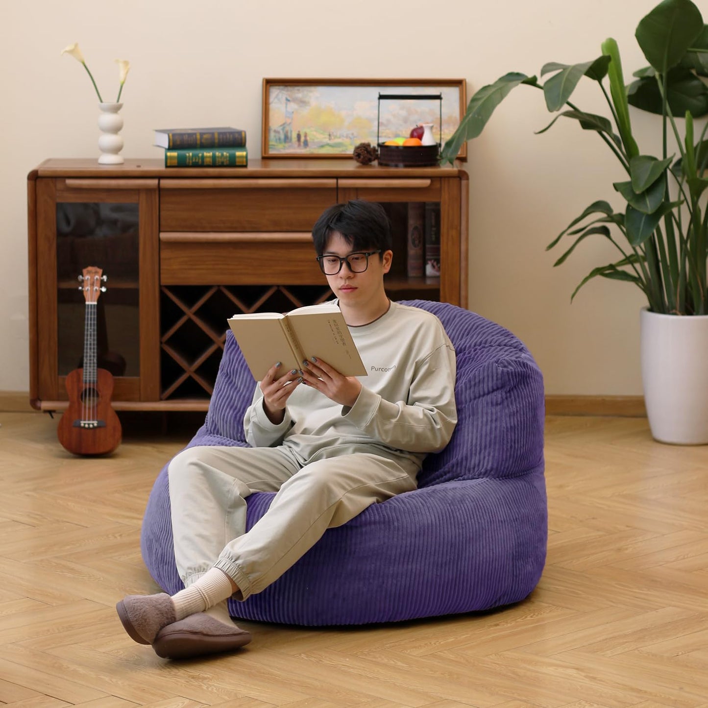 N&V Large Crescent Bean Bag Chair, Adult Size Bean Bag Sack, Foam Filling, Soft Premium Corduroy Bean Bag for Living Room Bedroom Dorm and Office (Future Dusk)