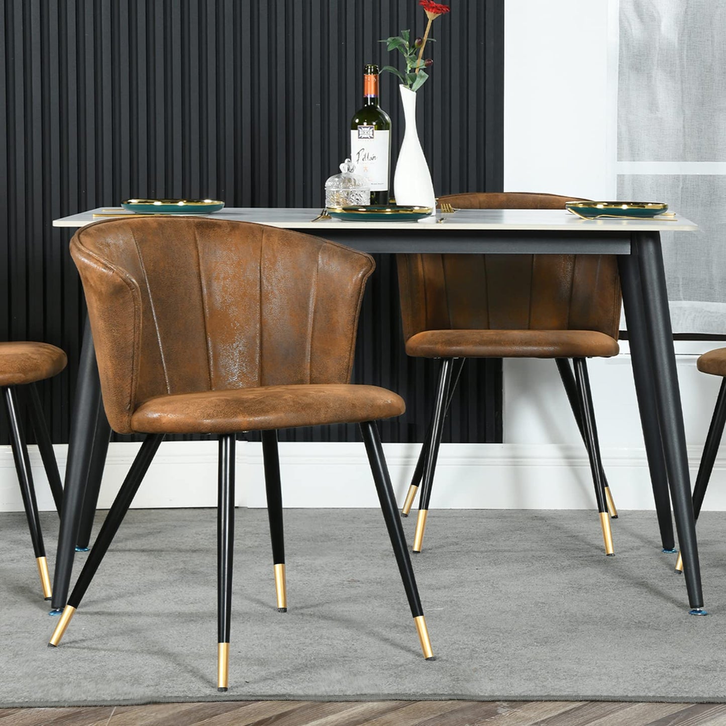 FurnitureR Vintage Set of 2 with Armrest Suede Modern Living Accent Side Club Guest with Black Golden Legs Room Dining Chair, Brown