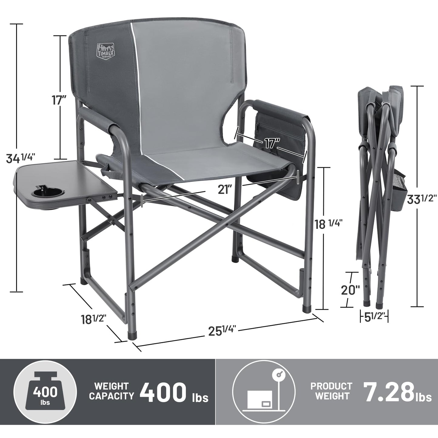 TIMBER RIDGE Aluminum Oversized Camping Chair, Lightweight Portable Directors Chair with Side Table Detachable Side Pocket for Outdoor Camping, Lawn, Picnic, Support 400lbs Grey 2 Pack