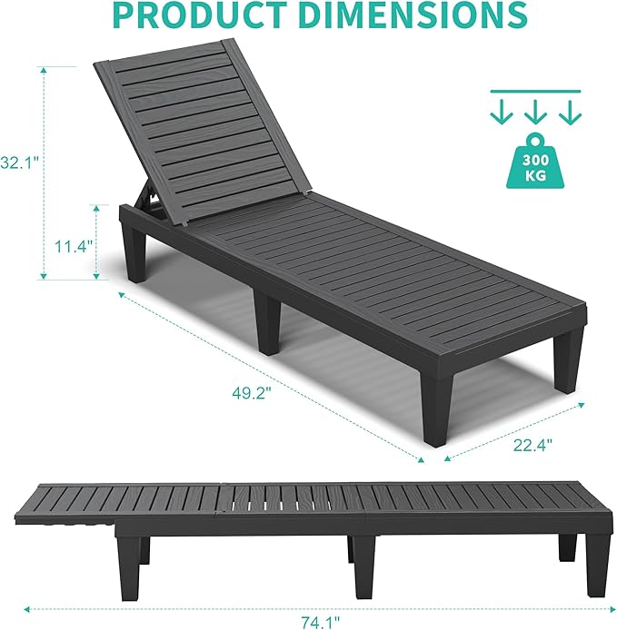 Outdoor Chaise Lounge Chairs Set of 2, 5-Position Adjustable Tanning Lounge