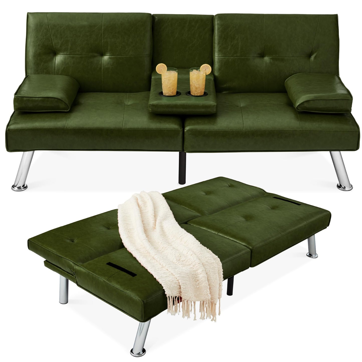 Best Choice Products Faux Leather Upholstered Modern Convertible Futon, Adjustable Folding Sofa Bed, Guest Bed w/Removable Armrests - Dark Green