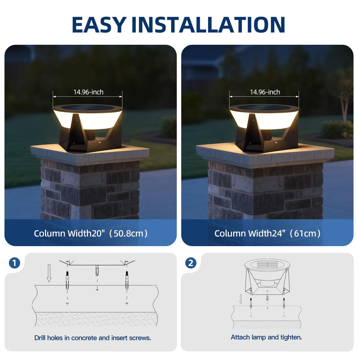 ZRJJMLAN 14.96" Outdoor Solar Post Lights, IP54 Waterproof Solar Column Lights Outdoor, 3000K Modern Pillar Light, Dusk to Dawn Outside Light Columns, Extra Large Post Lamp for Patio Fence Entrance