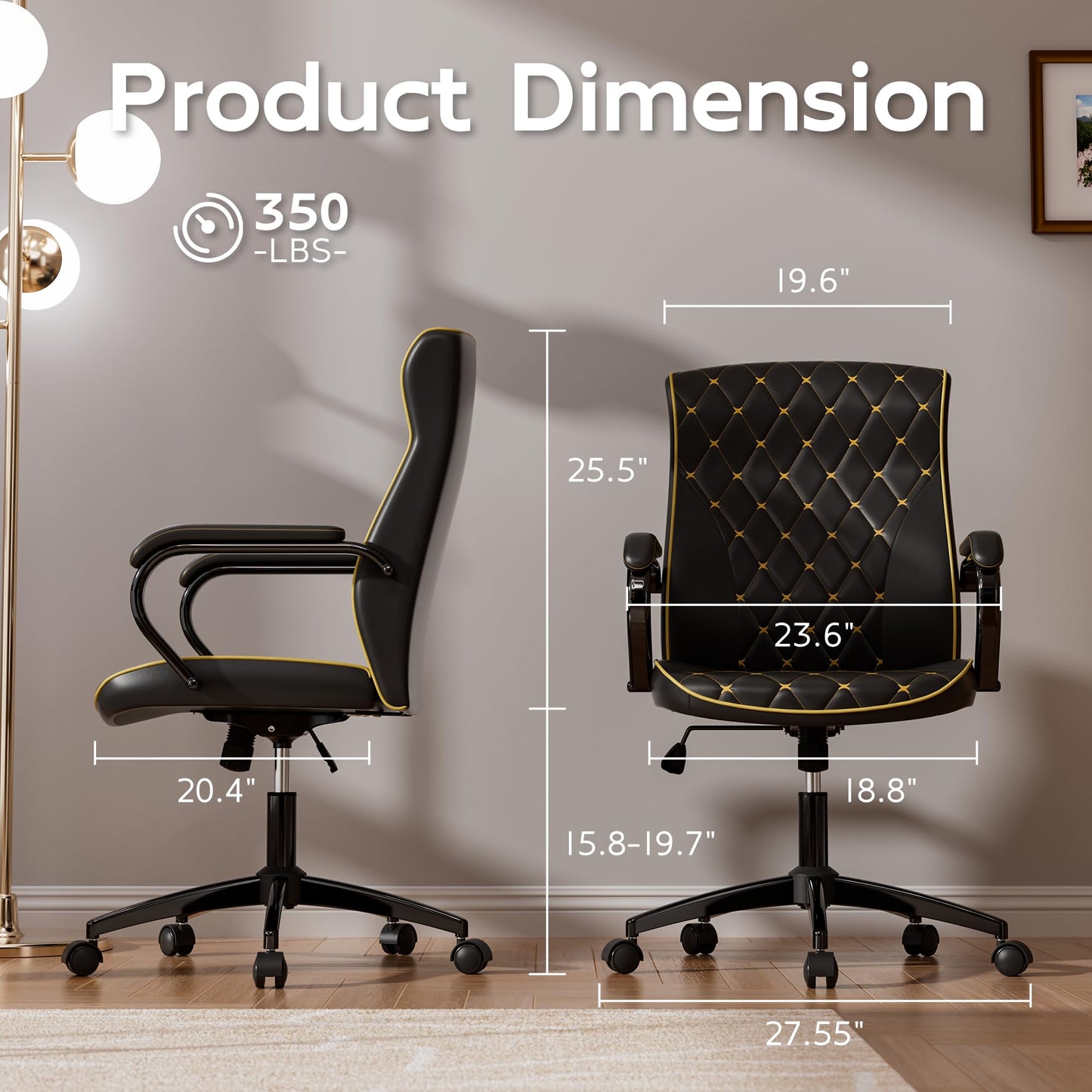 HomeZeer Black Office Chair with Soft Leather Embroidery, Mid Back Vintage Swivel Executive Desk Chair with Wheels and Padded Arms, Adjustable Height