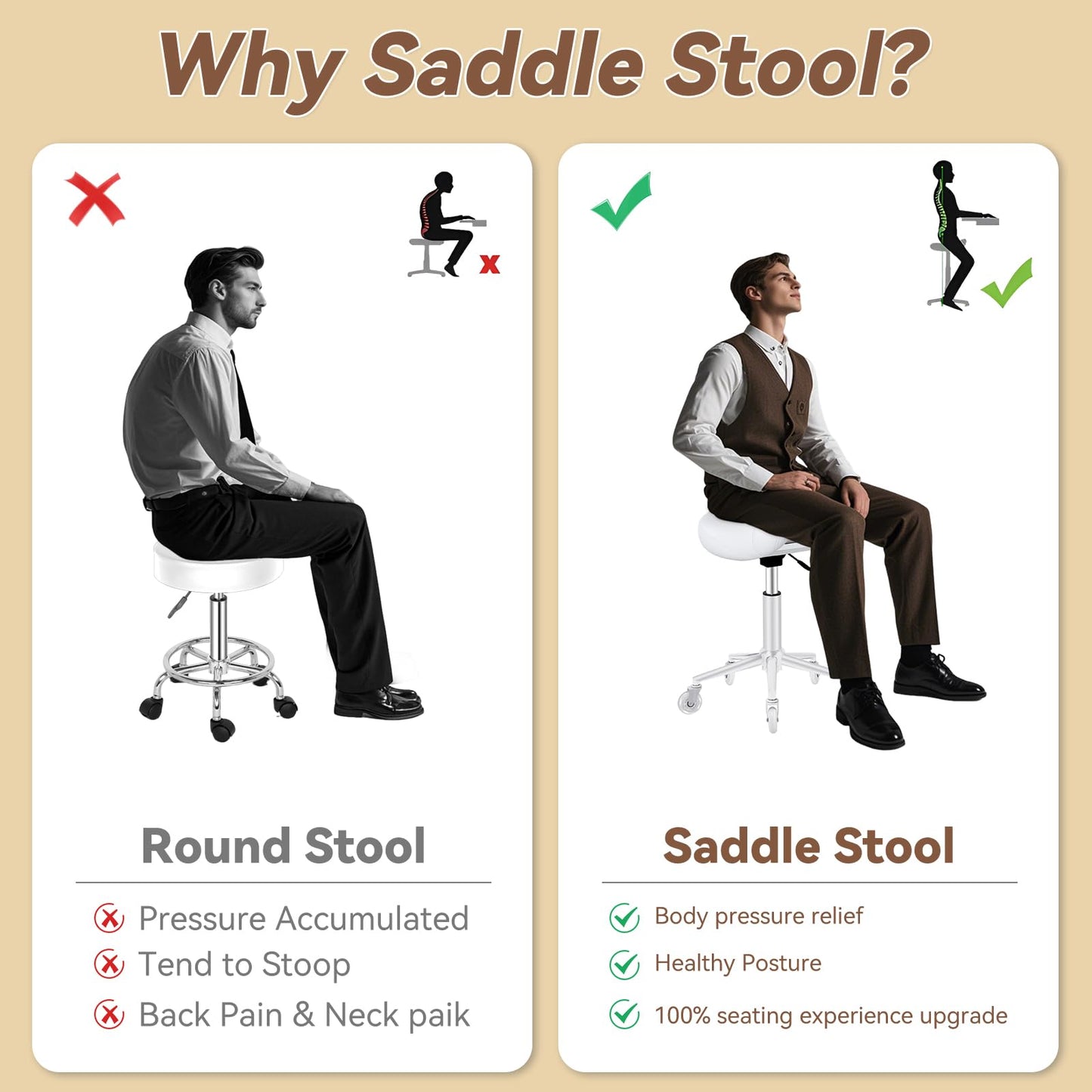 Saddle Stool Heavy Duty 400lbs - Ergonomic Thick Saddle Seat Cushion, Easy Height Adjustable, Healthy Posture No Pain, Smooth Rolling No Creaky Noises, Rolling Saddle Stool Chair with Wheels (White2)