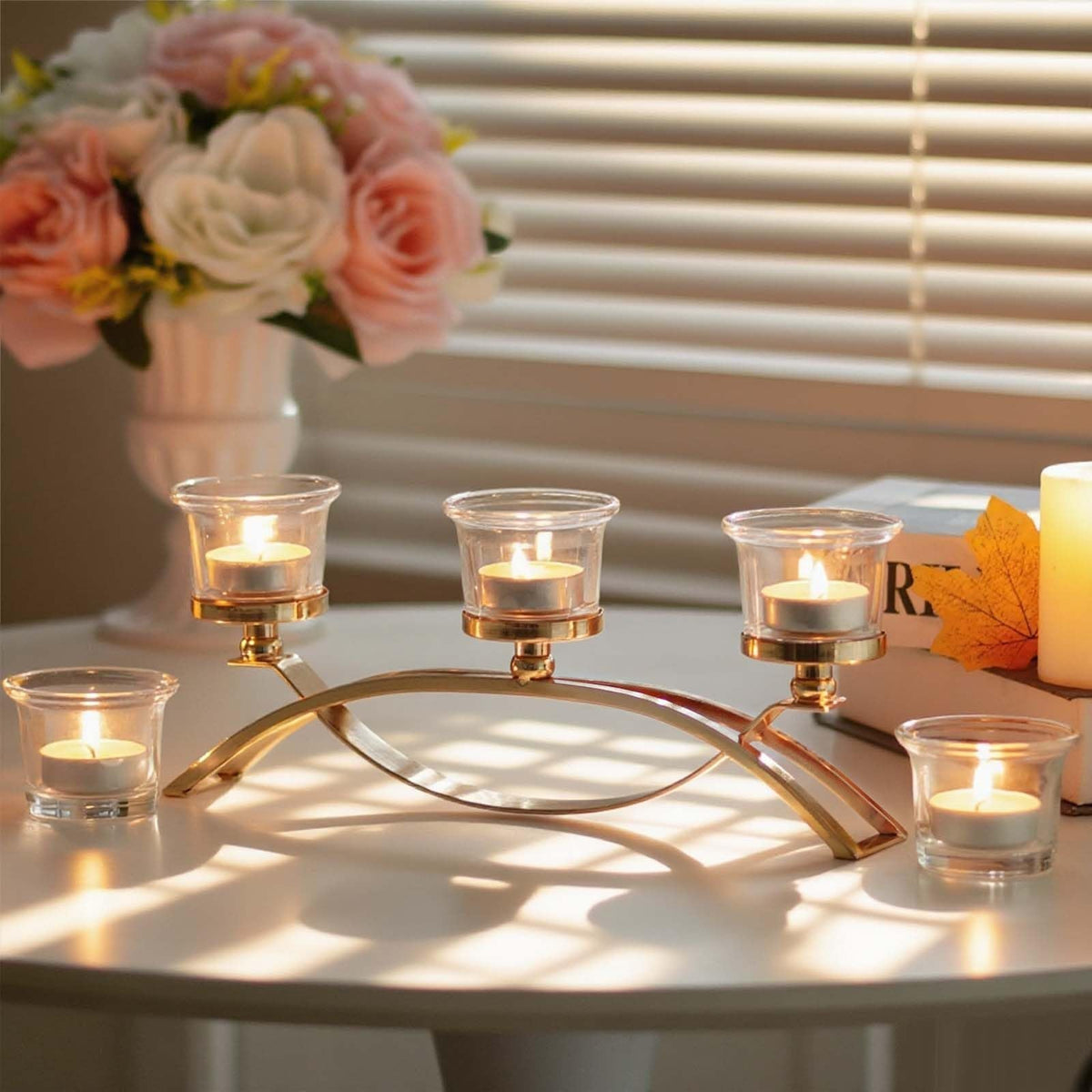 3-Arm Metal Tea Light Candle Holder Set with 5 Glass Cups, Votive Candle Holders Centerpiece Candelabra for Wedding Table Decor, Home Gatherings and Holidays (Gold, 5 Cups)