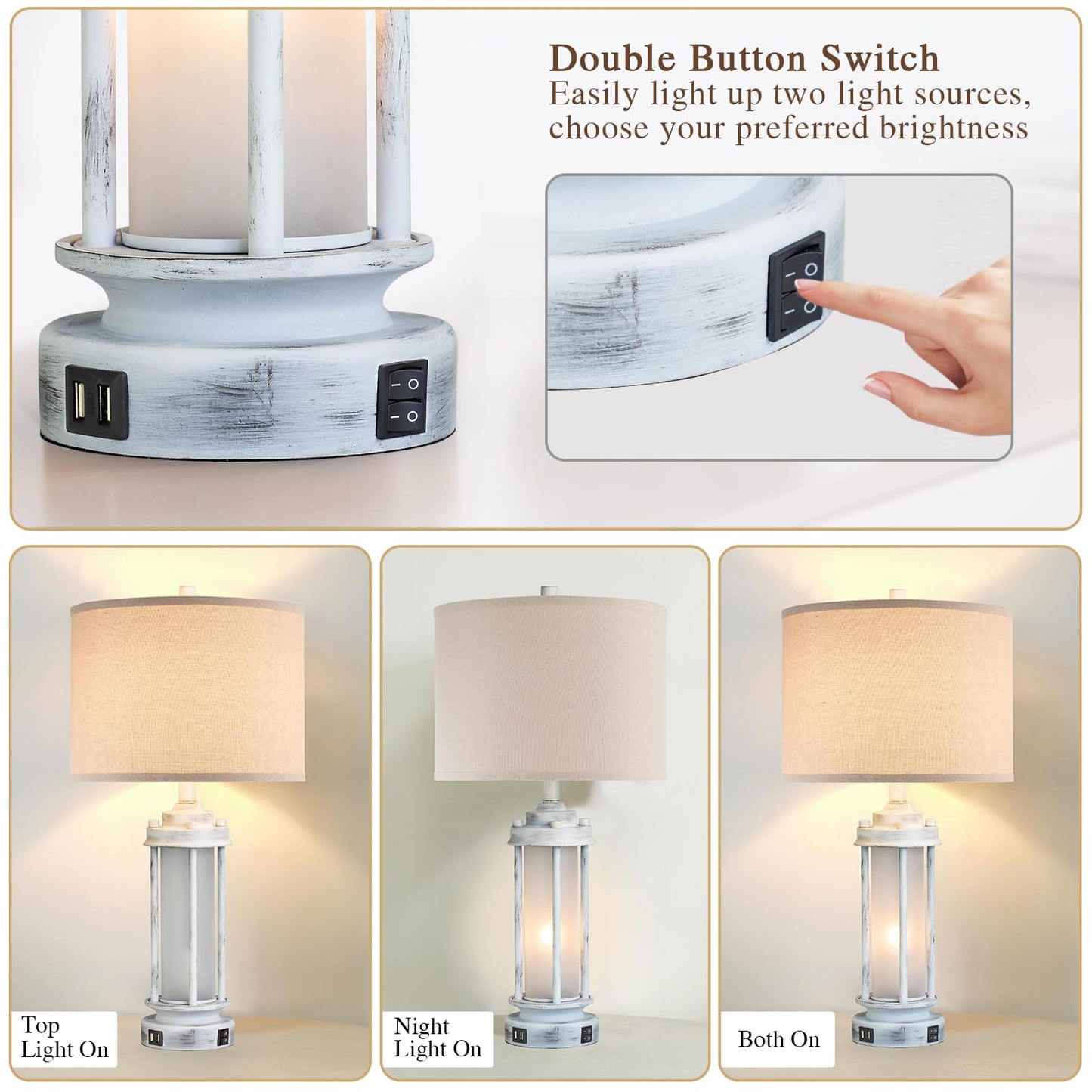 AIEAMPDO 25" Set of 2 Antique White Rustic Table Lamps 2 USB C+A Ports