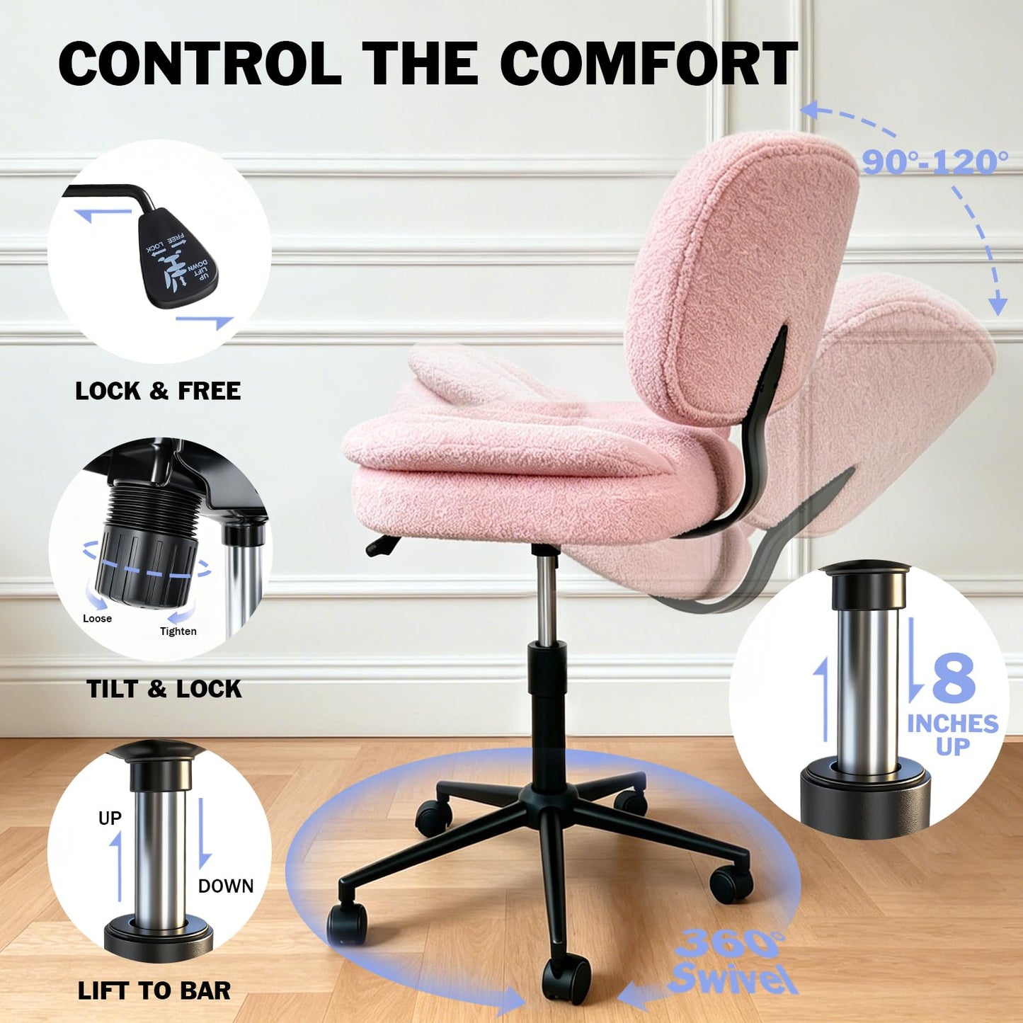 Ergonomic Cross Legged Office Chair with Footrest, 360° Swivel Height Adjustable Faux Shearling Criss Cross Chair, Wide Seat & Back Support for Home Office, ADHD, Pink