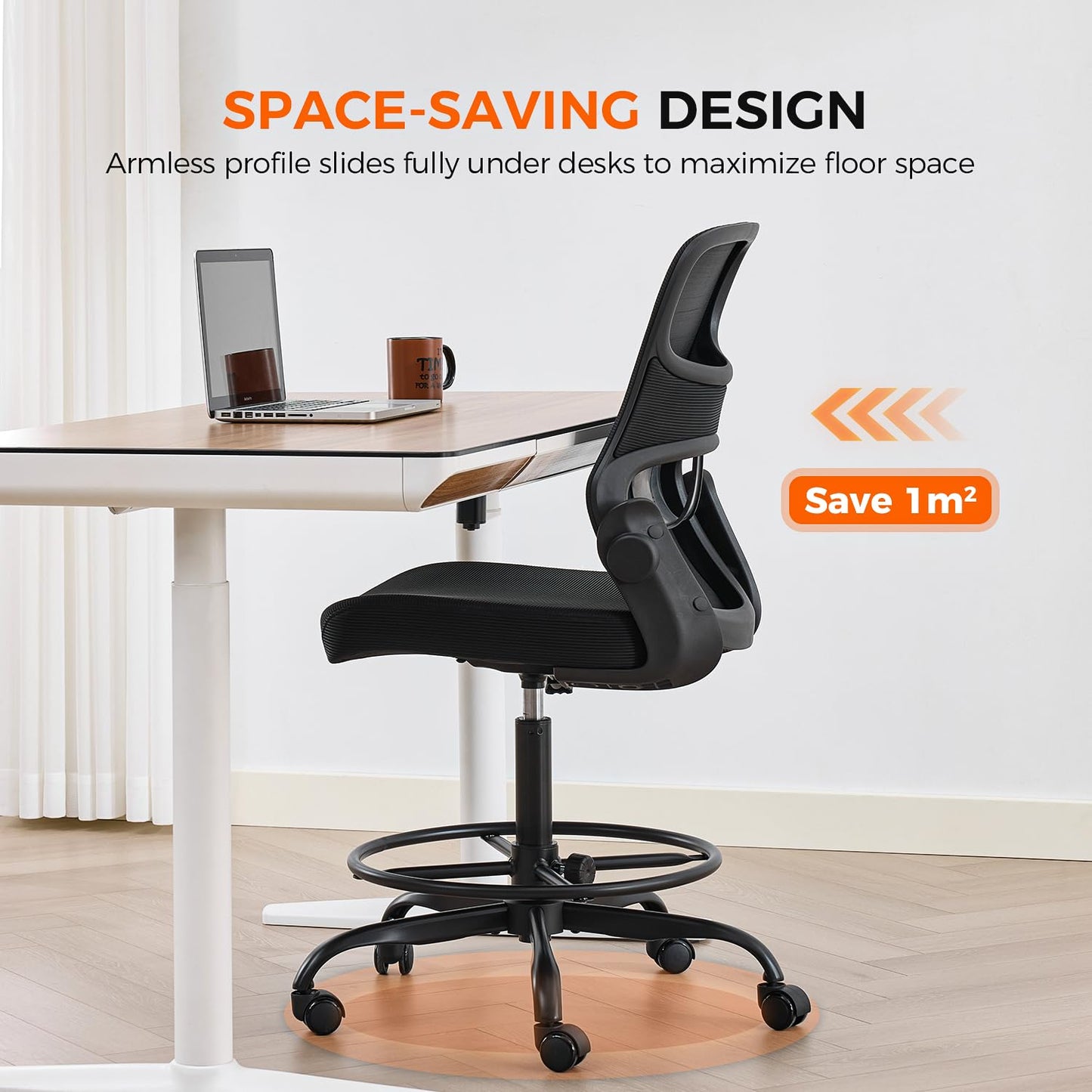 Drafting Chair Armless, Tall Office Chair with Adjustable Foot Ring and Lumbar Support, Ergonomic Mesh High Desk Chair for Standing Desk, Black