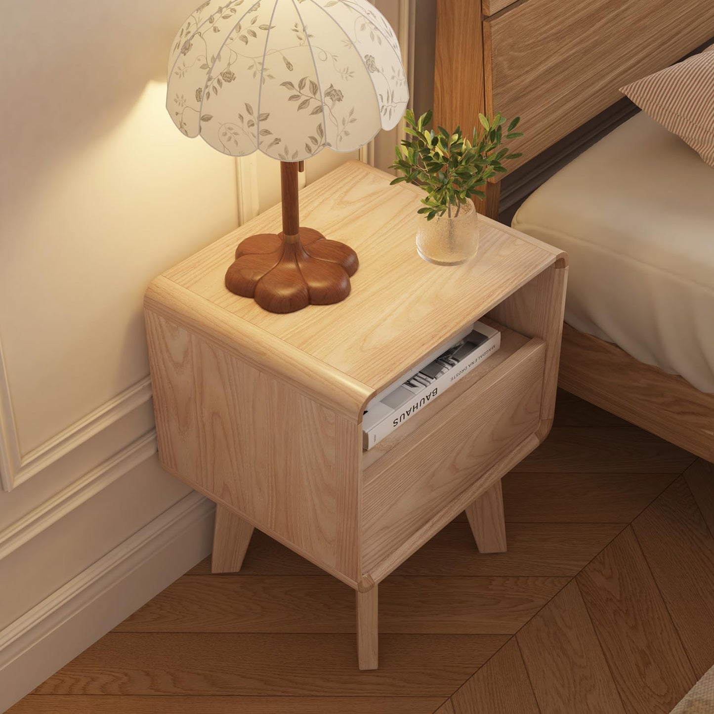 NKGIAG 100% Solid Wood Nightstand, Mid-Century Modern Night Stand with Drawer & Open Shelf, Compact Bedside Tables for Bedroom, Office, Small Spaces, Light Natural Finish, Pre-Assembled