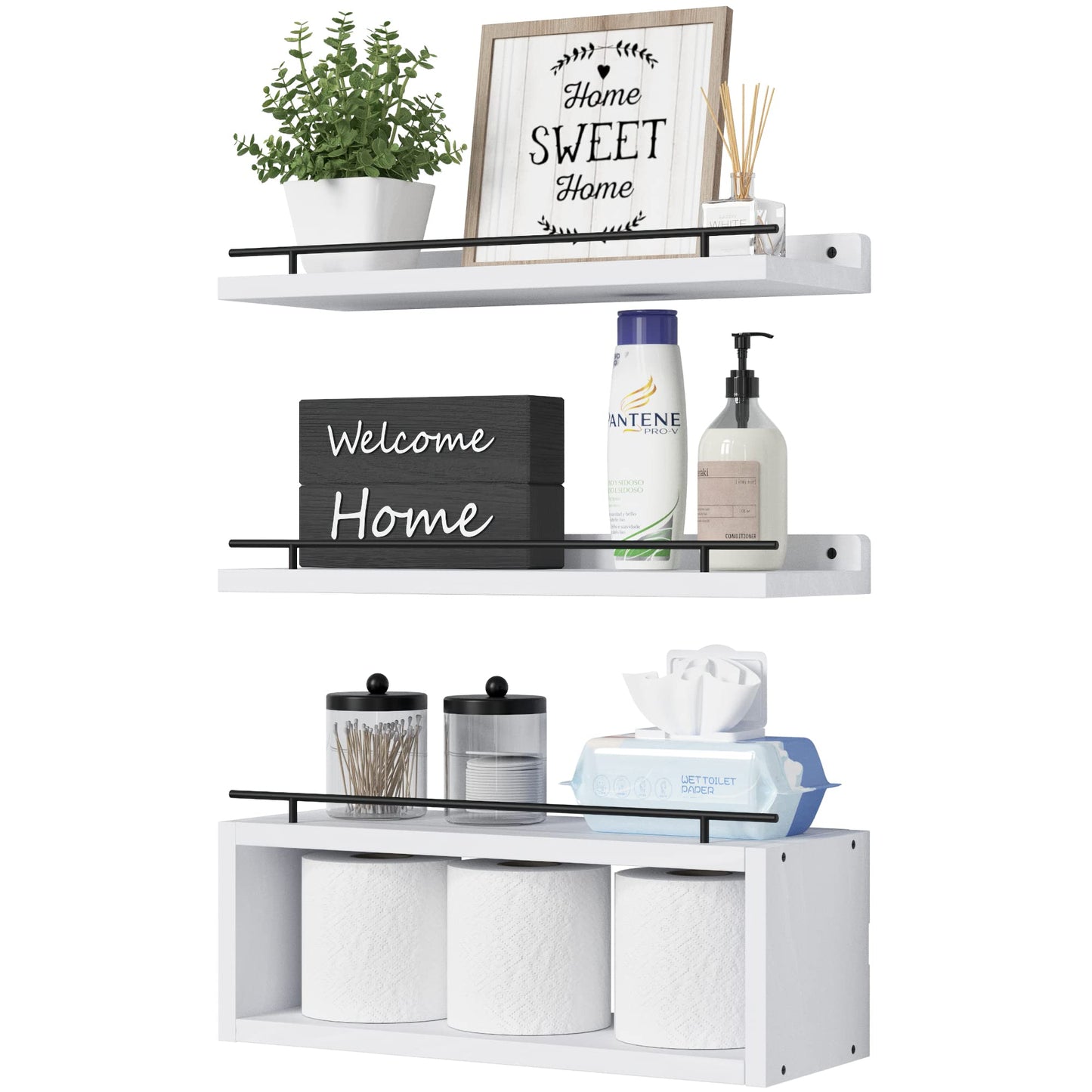 WOPITUES Floating Shelves for Wall with Cube Shelf, Wall Shelves with Metal Rail for Decor, Bathroom Organizers and Storage, Over Toilet Shelves for Bathroom, Toilet Paper-White