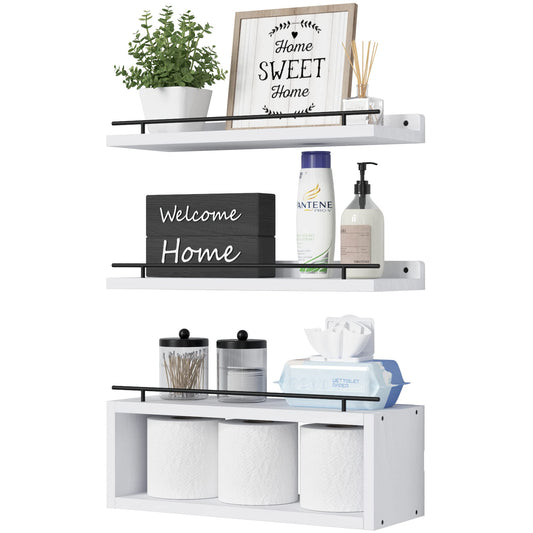 WOPITUES Floating Shelves for Wall with Cube Shelf, Wall Shelves with Metal Rail for Decor, Bathroom Organizers and Storage, Over Toilet Shelves for Bathroom, Toilet Paper-White