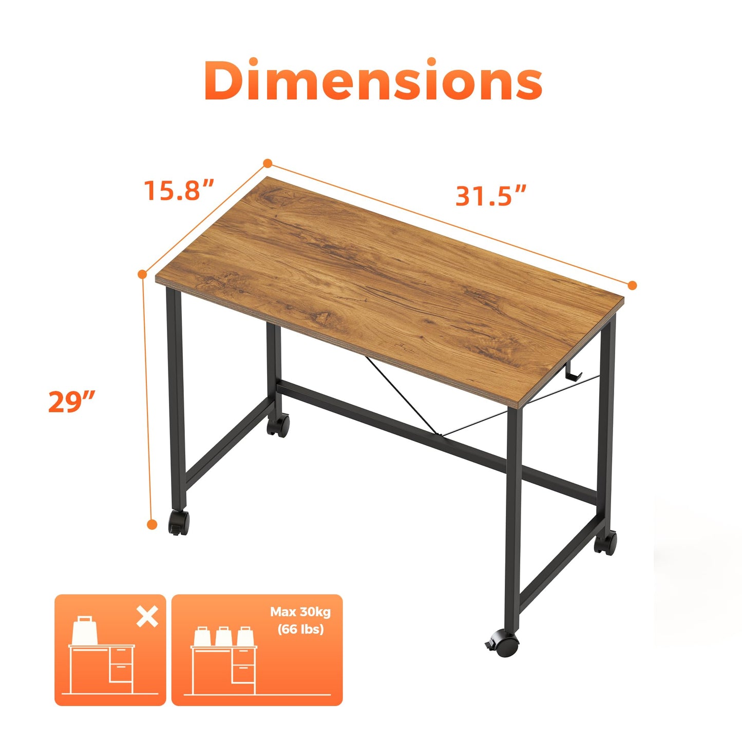 Mericonia 32 inch Rolling Computer Desk with Wheels, Gaming Desk for Small Spaces, Modern Simple Style Table for Home Office, Study Writing Table