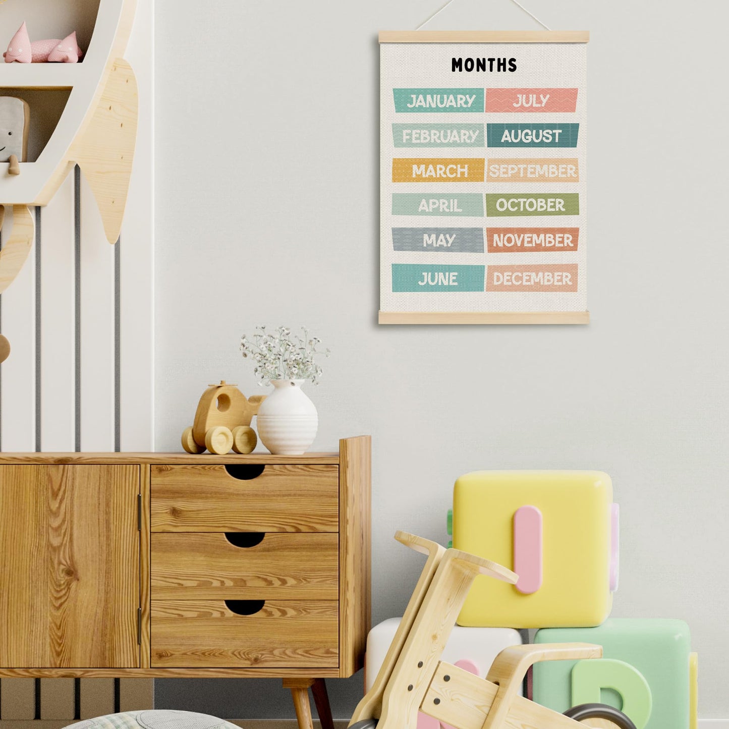 MOTERMATE Months of The Year Wall Art Poster for Classroom, Boho Toddler Room Decor, Learning Educational Canvas Poster Hanger Frame for Toddlers Classroom, Playroom Wall Hanging Banner Decor, 12x16In