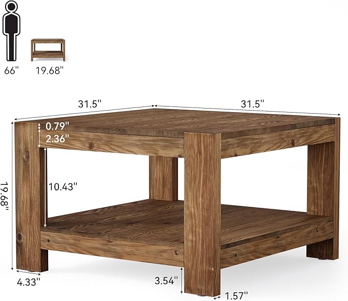Solid Wood Coffee Table, 31.5" Square Farmhouse Center Table