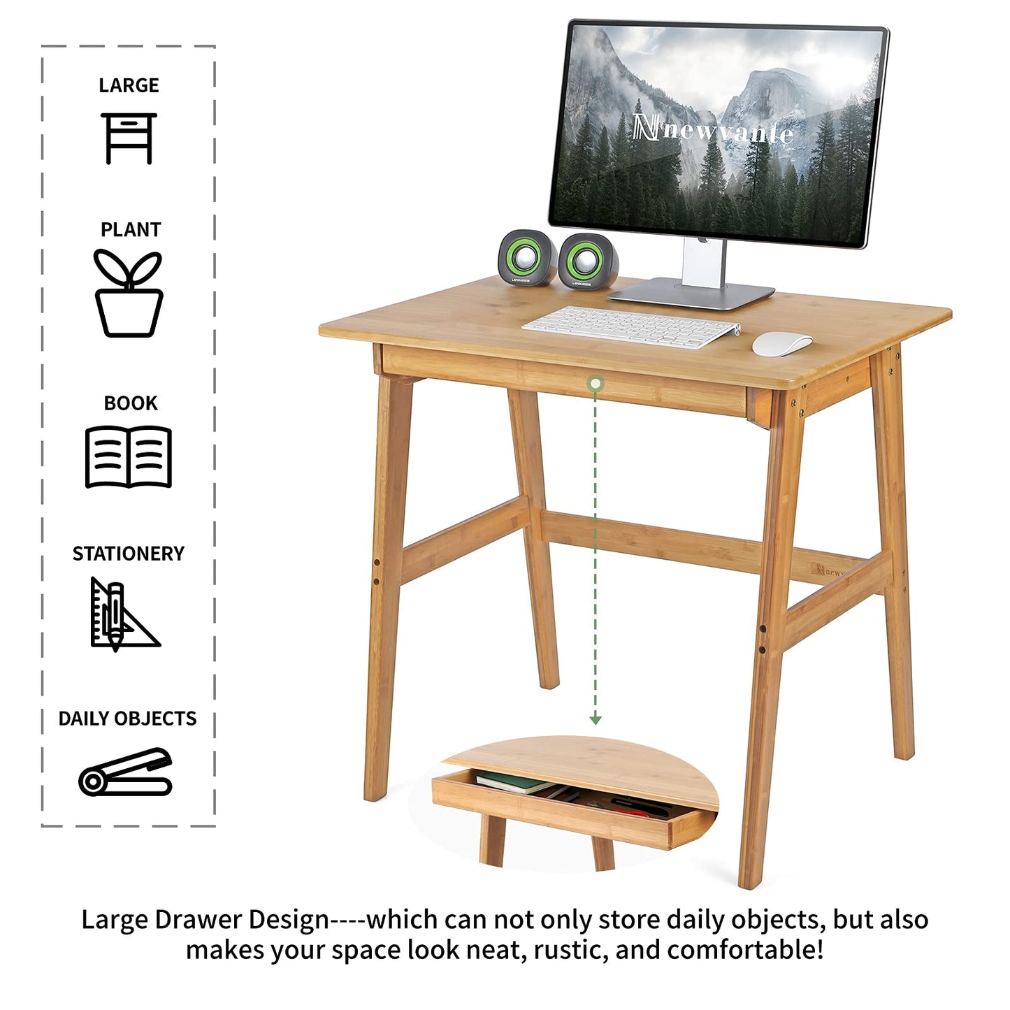 Nnewvante Writing Computer Desk 31.5" Bamboo Home Office Table with Large Drawer, Modern Furniture Simple Study Makeup Workstation