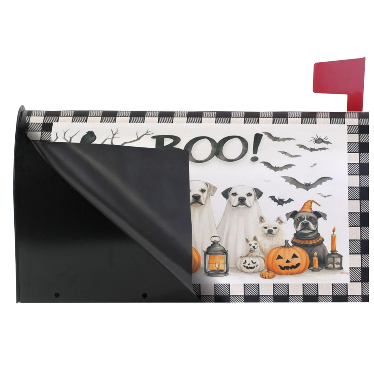 Happy Halloween Dogs Magnetic Mailbox Covers Spooky Bat Raven Pumpkin Buffalo Plaid Mailbox Cover Standard Size Full Magnet Garden Yard Porch Mail Boxes Cover Holiday Decorations 21" L x 18" W