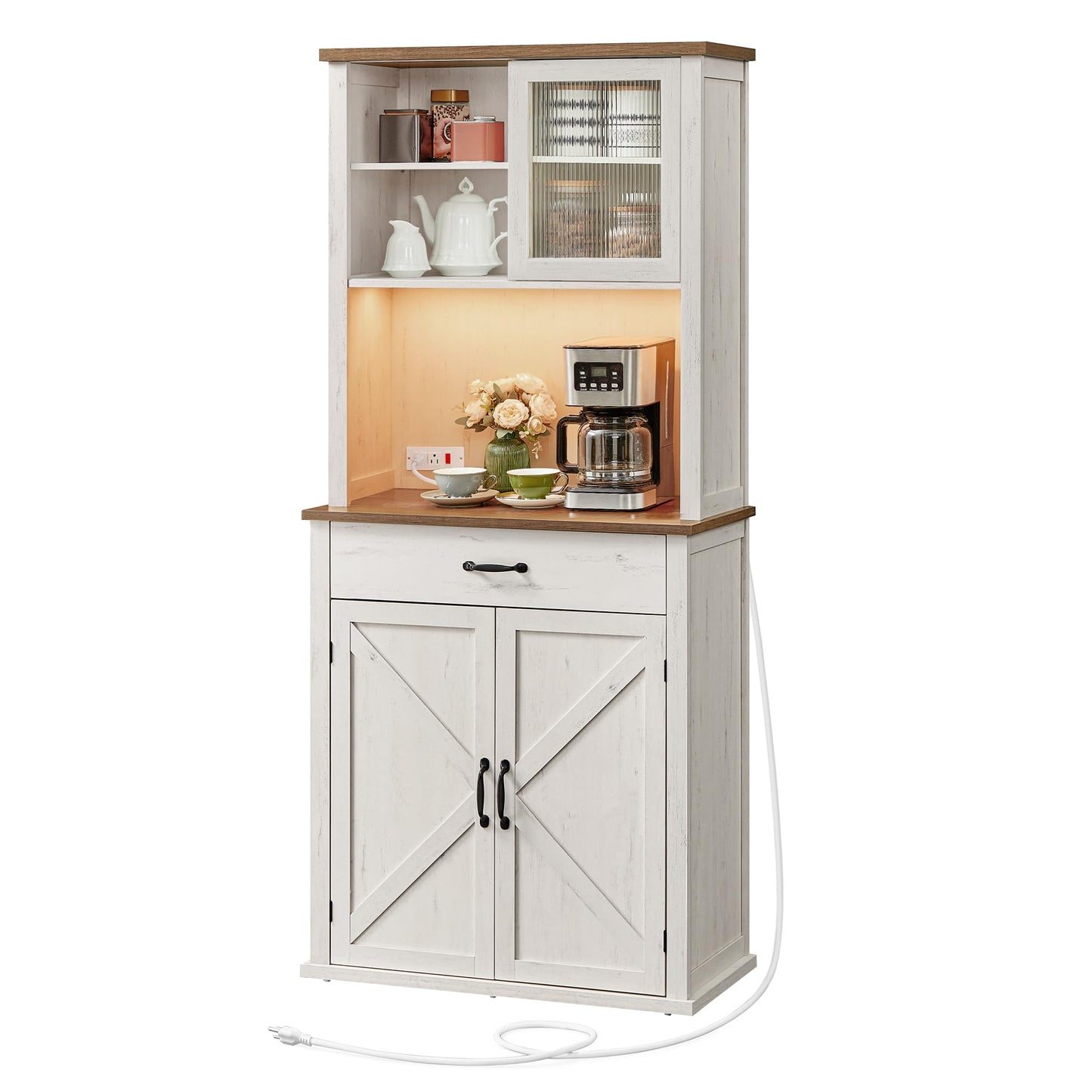 VASAGLE LIRY Collection - 71-Inch Tall Kitchen Pantry Cabinet with Lights and Charging Station, Coffee Bar Cabinet with Doors and Drawer, Farmhouse Style, Adjustable Shelves, Rustic White UBBK363W12