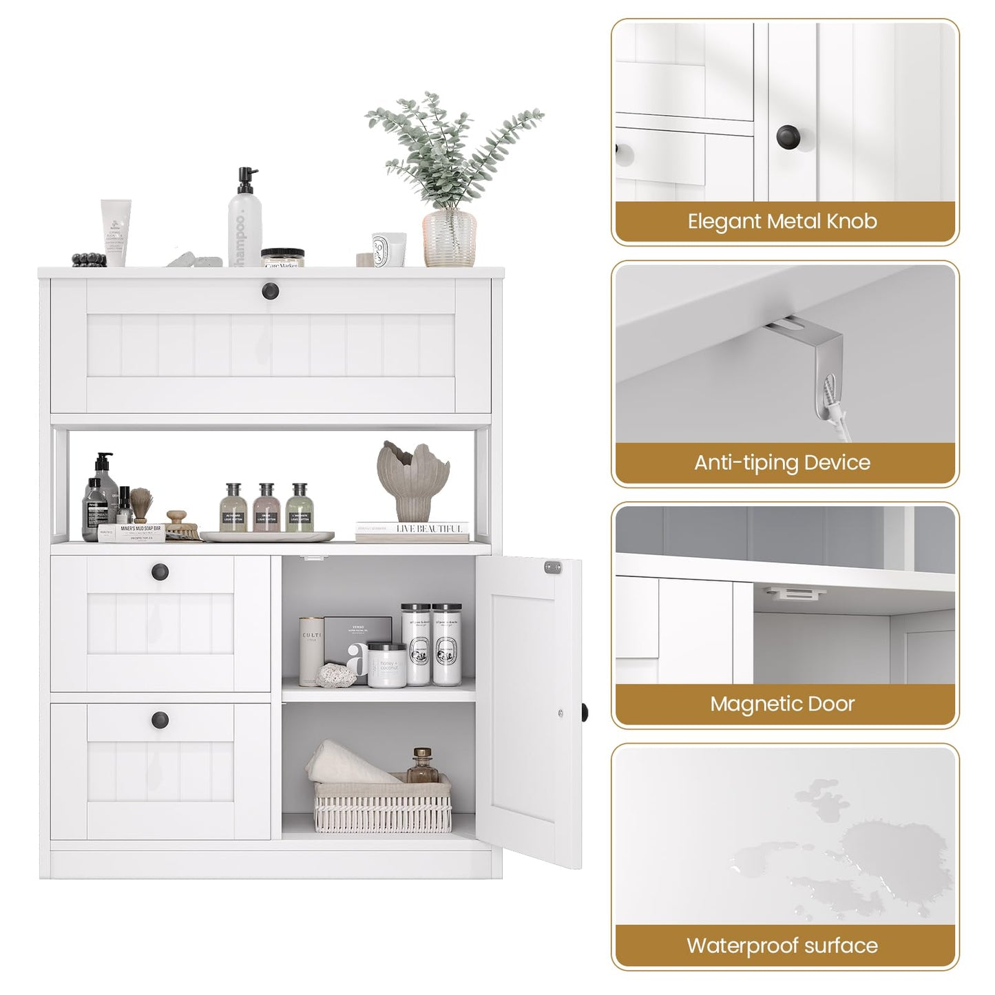 GRUSIGN Bathroom Cabinet, Modern Bathroom Floor Storage Cabinet Organizer with 1 Door and 3 Drawers, Freestanding Cupboard for Kitchen/Living Room Use
