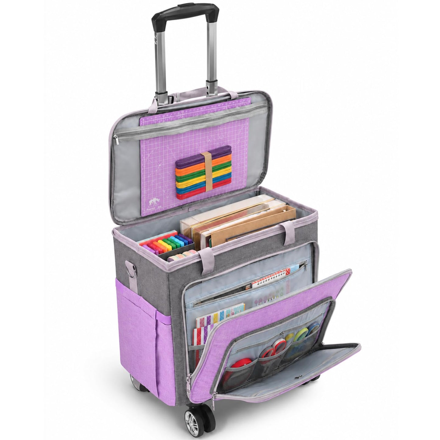 FINESUN Rolling Teacher Tote Bag with Wheels Craft Storage Organizer Bag, Portable Wheeled Craft Cart for Teacher Art Office Scrapbook Supplies, Heavy Duty Multi-Purpose Rolling Tote Purple