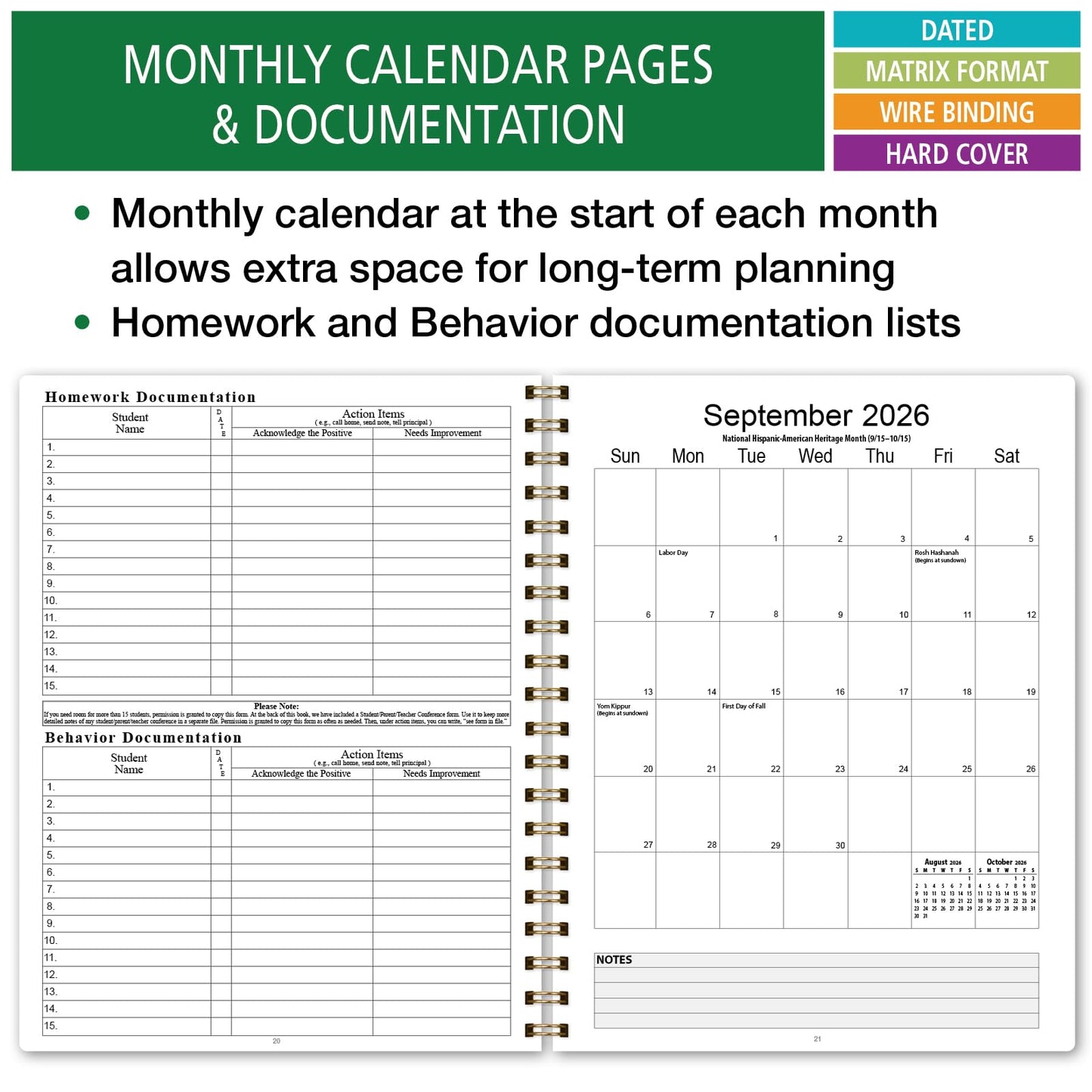 Elan Publishing Company HARDCOVER 7 Period Dated Teacher Lesson Plan; Days Horizontally Across The Top Dated for 2026-2027 Academic Year with Bonus Clip-in Bookmark (Tree Seasons)