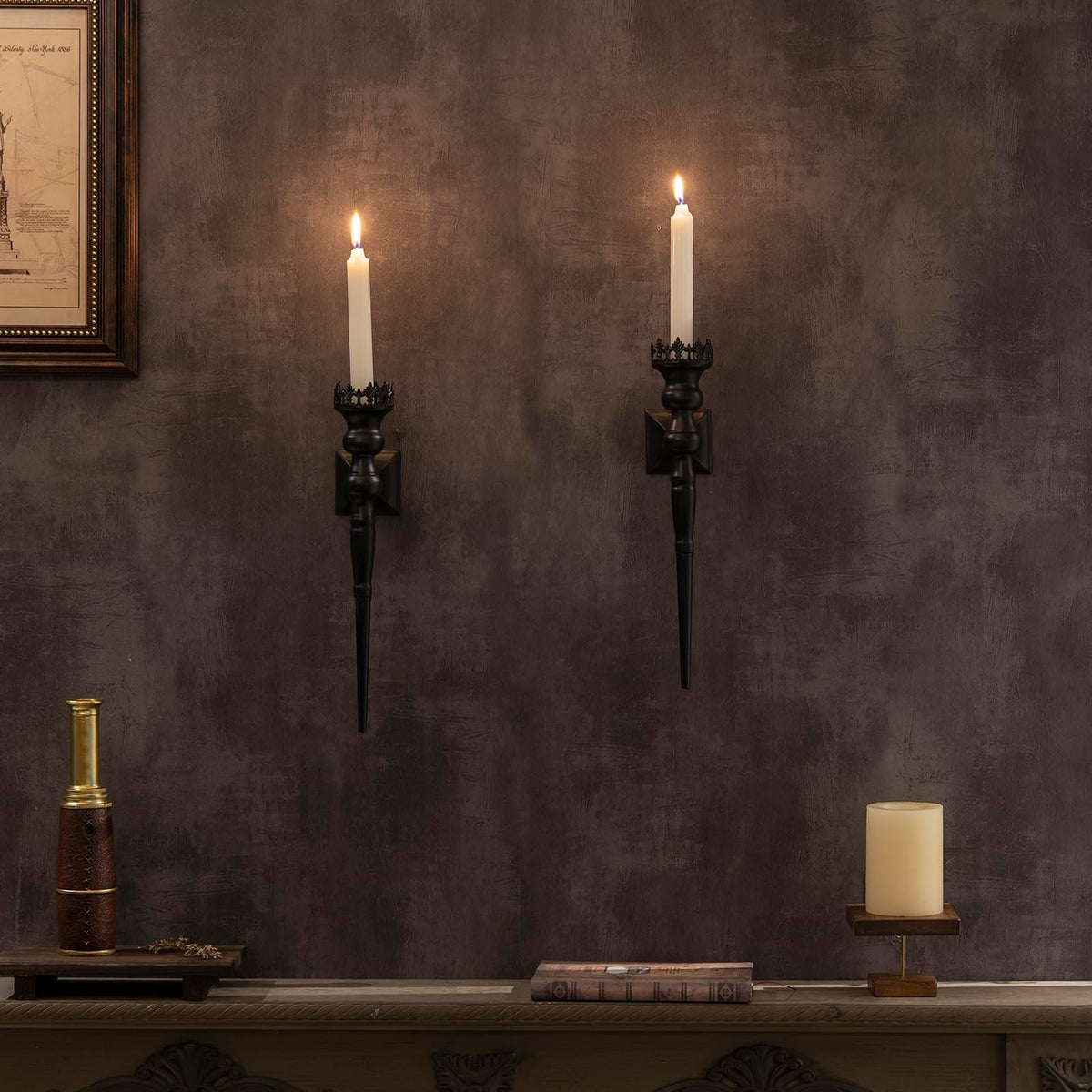 Woparty Gothic Wall Sconce Candle Holder for Taper Candles (Set of 2) Black Iron Crown and Scepter Design Victorian Wall Decor for Living Room, Bathroom,Dining Room