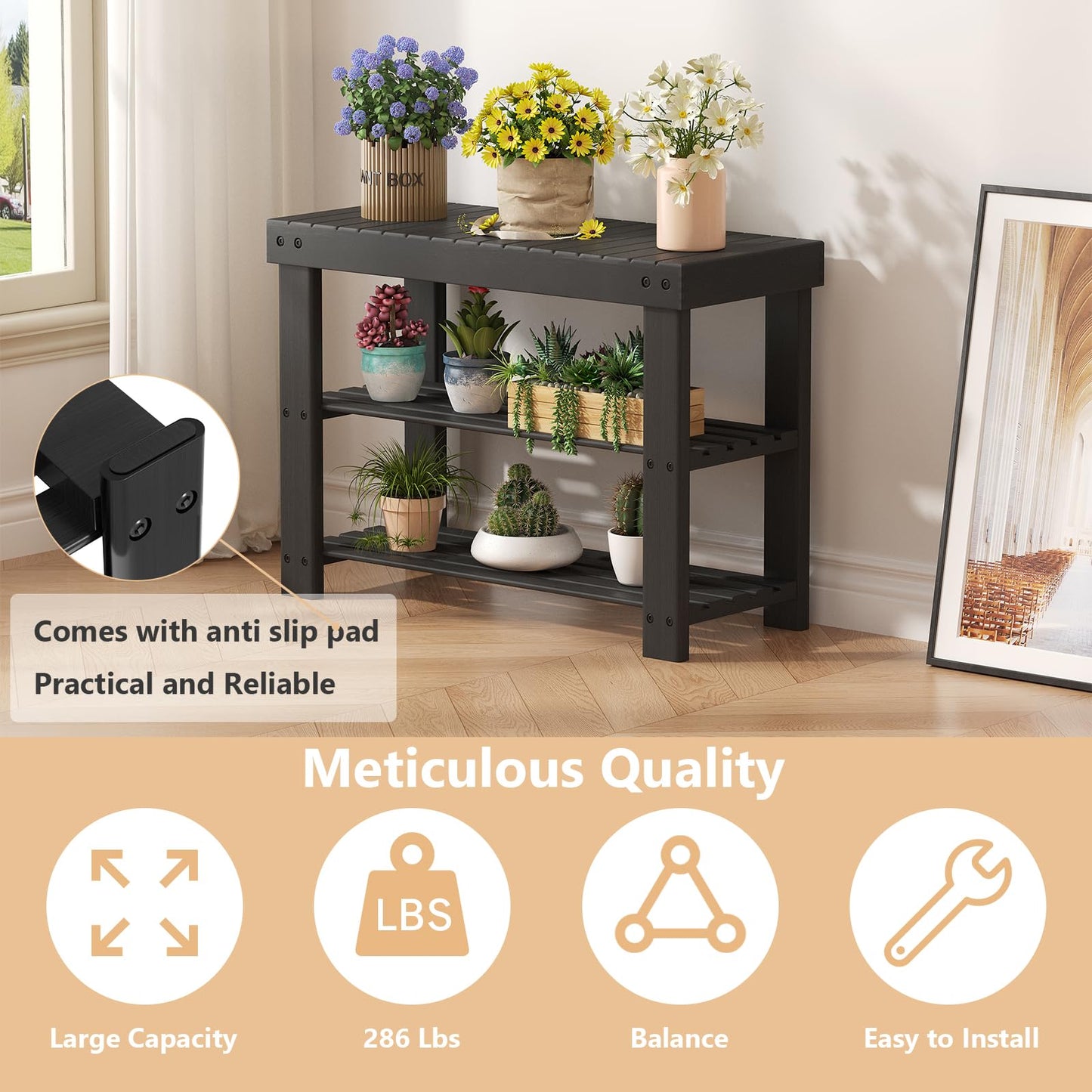 Sweetcrispy 3-Tier Shoe Rack Bench for Entryway, 286lb Capacity, Black