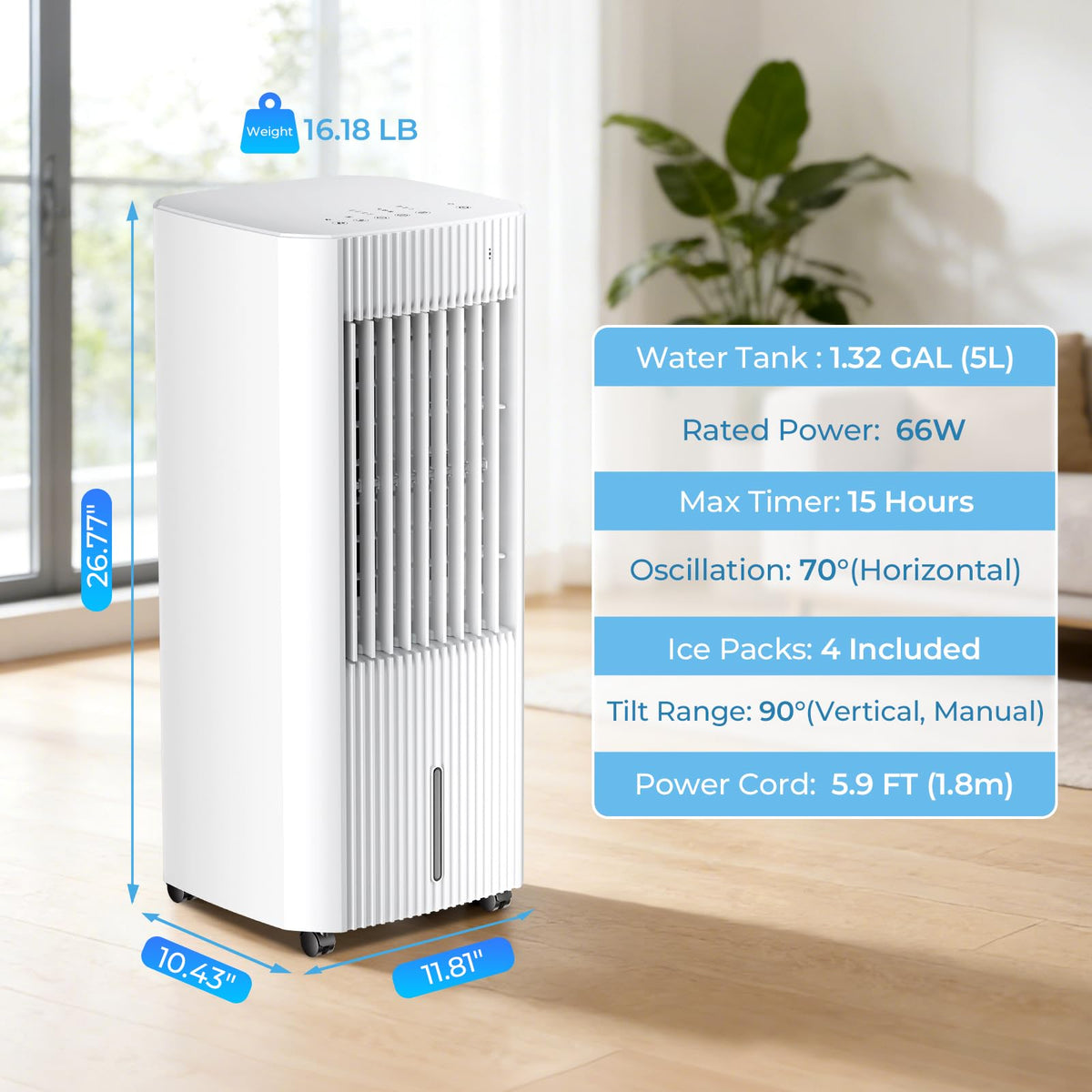 Electactic Portable Air Cooler,3 In 1 Swamp Cooler with Ice Packs,15H Timer,3 Speeds & Modes,Windowless AC for Apartments,Bedroom,Office,45dB Quiet,Pet-Friendly,White