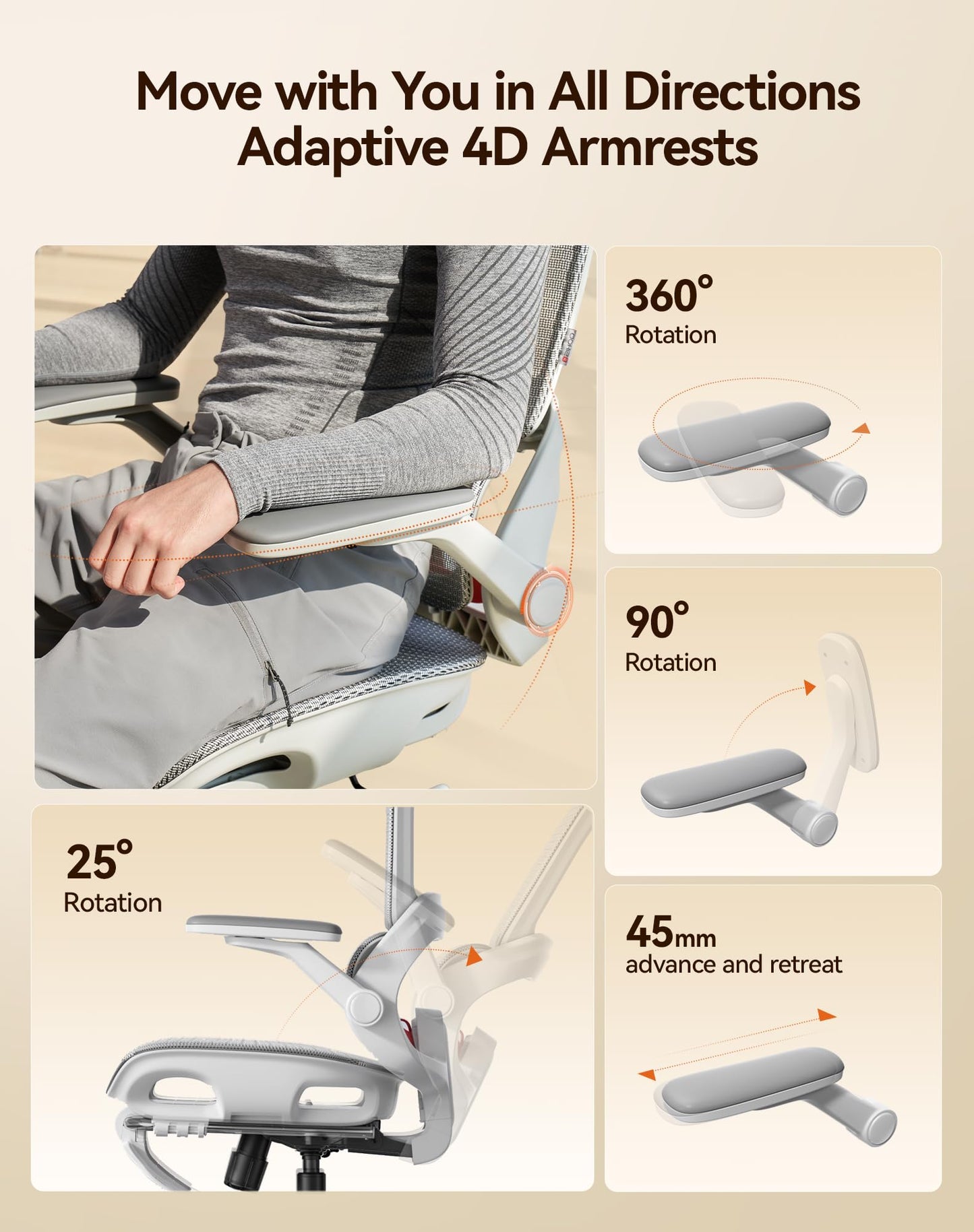 SIHOO B100 Pro Ergonomic Office Chair, Office Chair with Adaptive Lumbar Support, Computer Chair with Dual-Back, Desk Chair with 360° Rotatable & Flip-Up Armrests, 3D Wide Headrest, Light Grey