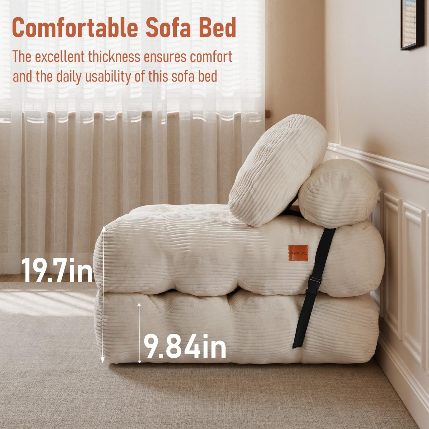 Vellorise Folding Sofa Bed, Convertible Chair Bed with Back Support and Pillow Futon,Foldable Boneless Chair for Living Room/Guest Use/Home Office, Foldable Couch for Adults, Beige
