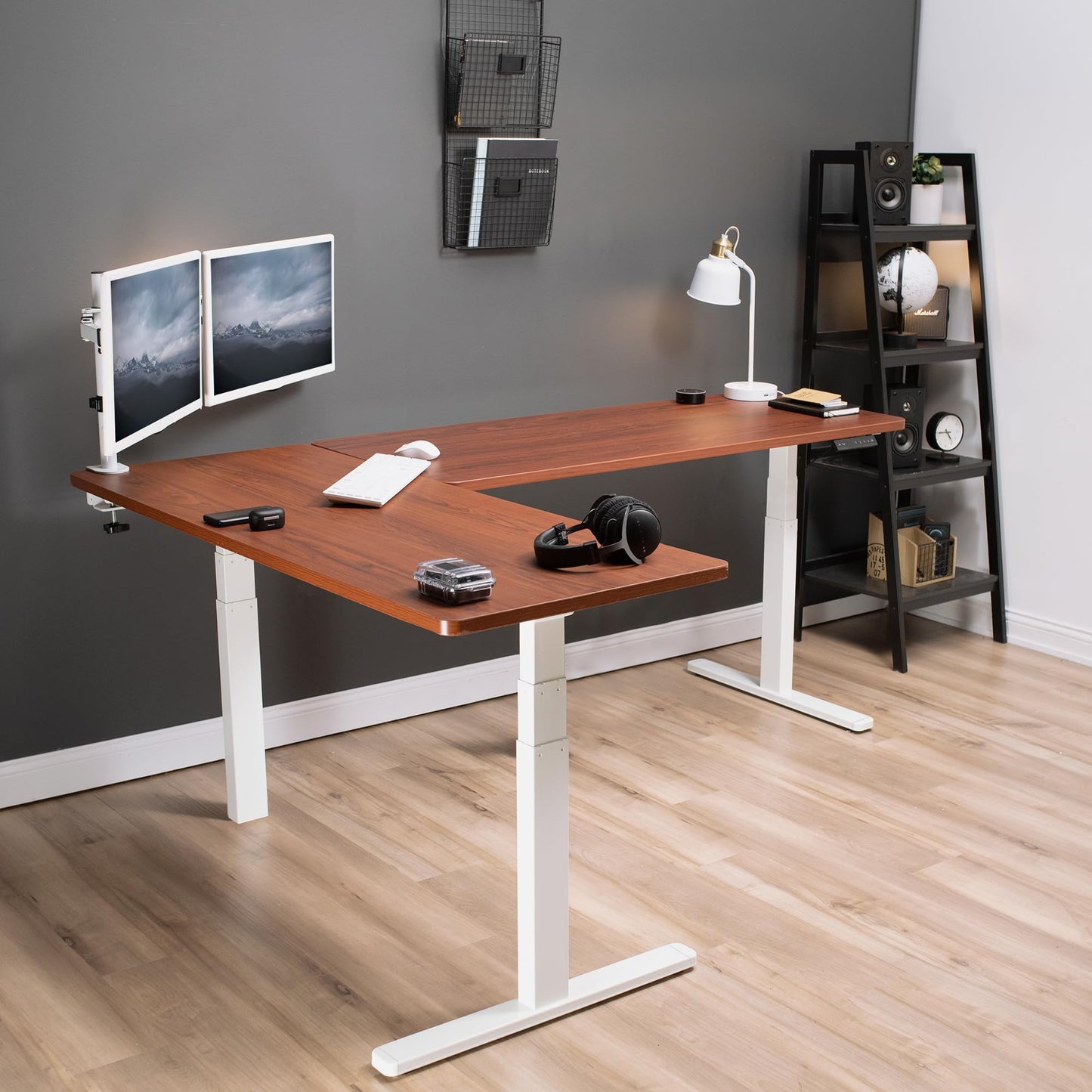 VIVO Electric Height Adjustable 83 x 60 inch Corner Stand Up Desk, 2 Dark Walnut Solid Table Tops, White Frame, Memory Controller, L-Shaped Workstation, 3E Series, DESK-KIT-3E8WD